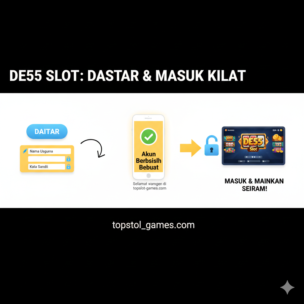 Ilustrasi alur proses pendaftaran dan login yang sederhana dan cepat. Gunakan tiga panel berurutan dari kiri ke kanan (atau atas ke bawah) yang menunjukkan langkah-langkah: 1. Ikon tombol 'DAFTAR' dengan formulir mini (Username, Password), 2. Ikon ponsel dengan tampilan sukses 'Akun Berhasil Dibuat', 3. Ikon kunci gembok dan panah mengarah ke layar lobi game DE55 Slot. Gaya visual harus berupa infografis datar (flat design) dengan ikon yang jelas dan warna-warna cerah (misalnya, biru muda, kuning, dan putih) untuk menekankan kemudahan dan kecepatan proses di topslot-games.com.