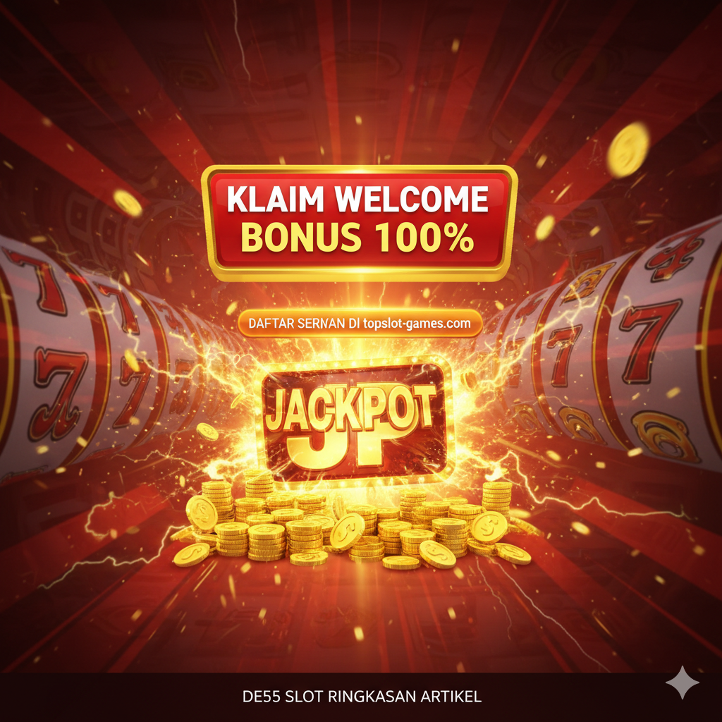 Gambar penutup yang berfungsi sebagai Panggilan Aksi (CTA) yang kuat. Visual utama harus berupa simbol Jackpot besar (misalnya, koin emas tumpah, simbol 'JP' menyala) dengan efek ledakan cahaya. Di bagian tengah, letakkan kotak besar dengan teks 'KLAIM WELCOME BONUS 100%' yang menarik perhatian. Di bawahnya, terdapat tombol CTA virtual yang besar bertuliskan 'DAFTAR SEKARANG DI topslot-games.com'. Komposisi harus didominasi warna merah atau oranye yang agresif dipadukan dengan emas, menciptakan urgensi dan harapan kemenangan tinggi, yang secara efektif menyimpulkan artikel DE55 Slot.