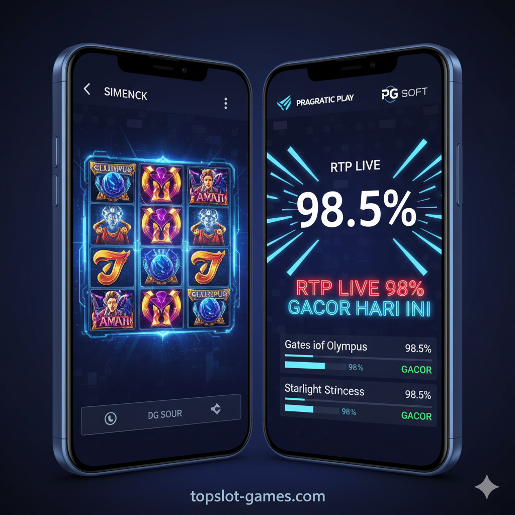 Gambar fitur yang menyoroti 'RTP Live 98% Gacor Hari Ini'. Tampilkan visual dashboard digital atau layar ponsel yang menunjukkan bar persentase RTP (98.5%) untuk game seperti 'Gates of Olympus' atau 'Starlight Princess' dengan status 'GACOR' yang berkedip neon merah. Di samping layar tersebut, letakkan ikon provider populer seperti Pragmatic Play atau PG Soft. Desain harus futuristik, bersih, dengan garis-garis neon yang menunjuk ke angka 98.5% untuk menekankan transparansi data dan tingkat kemenangan yang tinggi. Komposisi terbagi dua antara elemen mesin slot dan data RTP.
