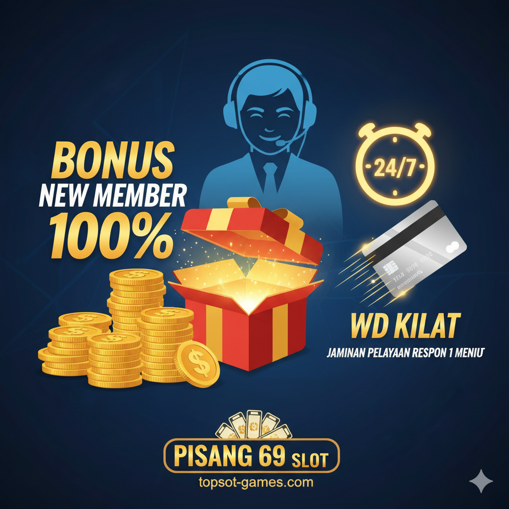 Gambar yang menampilkan keunggulan eksklusif seperti 'Bonus New Member 100%' dan layanan CS 24/7. Tampilkan tumpukan koin emas yang tinggi dan ikon bonus kado besar di latar depan. Di latar belakang, hadirkan siluet seorang operator Customer Service yang tersenyum dengan ikon headset dan jam 24/7 yang menyala terang. Tambahkan elemen visual yang merepresentasikan 'WD Kilat' (misalnya, kartu bank yang ditarik dengan kecepatan) untuk memperkuat klaim 'Jaminan Pelayanan Respon 1 Menit'. Komposisi harus dinamis dan meyakinkan, menekankan keuntungan finansial dan layanan prima dari topslot-games.com.
