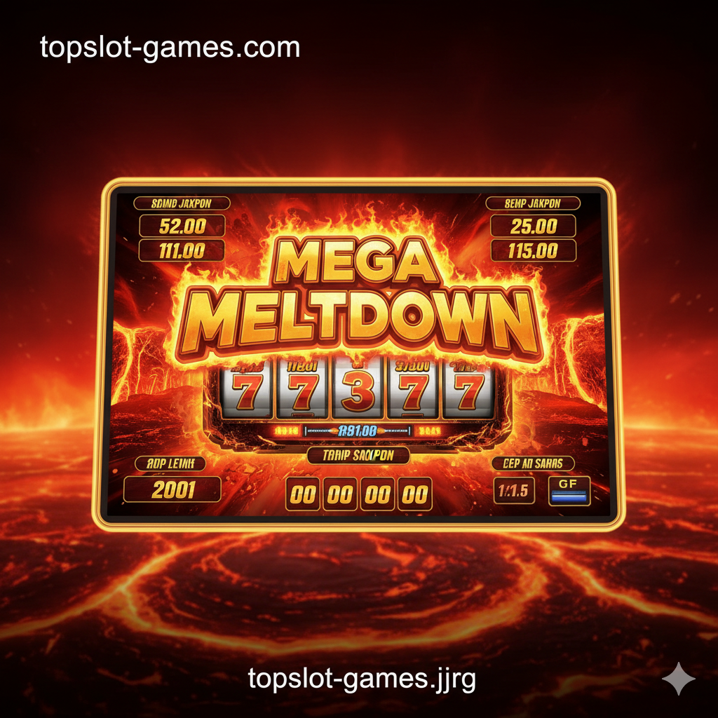 一张引人注目的Mega Meltdown Slot老虎机游戏主题封面图。画面中心是一个华丽的老虎机屏幕,显示着巨大的、燃烧着的“MELTDOWN”标志和高额奖金数字。背景是熔岩流动的炽热景象,色彩以深红、橙色和金色为主,营造出高风险、高回报的刺激氛围。风格应是高分辨率、充满活力的赌场艺术风格。构图采用中心聚焦,强调游戏名称和核心机制,吸引用户点击。