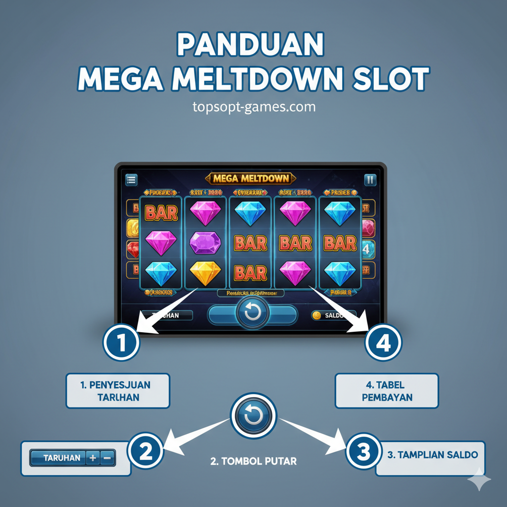 一张简洁明在Mega Meltdown Slot游戏玩法或界面教程图。画面可以是一个模拟的游戏界面,清晰地用箭头和数字标注出关键区域:如“下注调整区”、“旋转按钮”、“赔率表”入口和“余额显示”。色彩保持柔和 tapi profesional, menggunakan neutral biru atau abu-abu sebagai latar belakang frame, memastikan teks label jelas terbaca. Komposisi harus menggunakan gaya visual instruksi langkah demi langkah, membantu pemain baru dengan cepat memahami cara mengoperasikan permainan.