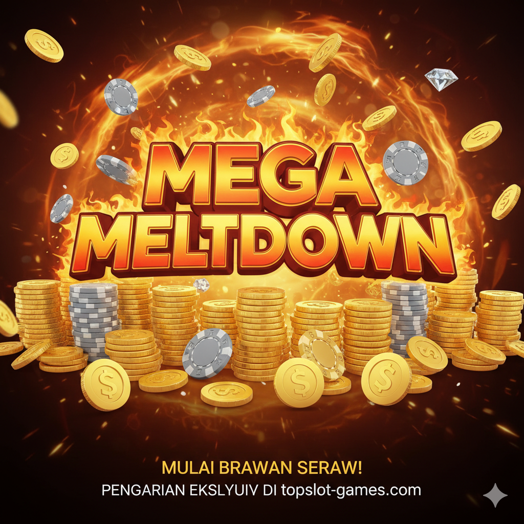一张总结性的图片,旨在留下深刻印象并鼓励行动。画面中央是一个巨大的Mega Meltdown老虎机标志,周围环绕着一堆闪闪发光的虚拟金币和筹码。色彩融合了游戏的炽热主题(橙/红)和财富的象征(金/银)。下方留白区域可以想象为“立即开始游戏”或“独家体验在 topslot-games.com”的文字占位。构图应具有冲击力, menyampaikan tema kekayaan dan peluang, sebagai penutup yang kuat untuk artikel.