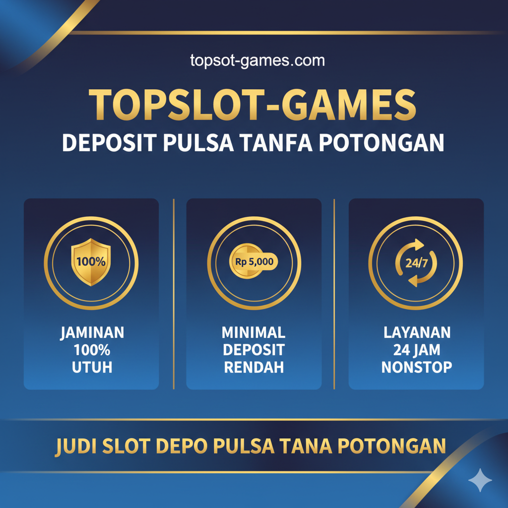 一张充满活力和吸引力的封面图片。前景是一个现代智能手机，屏幕上显示着TOPSLOT-GAMES的老虎机界面和“100%”的字样。手机周围环绕着飞出的金币和代表“Pulsa”（话费）的数字脉冲信号。背景中巧妙地融入了印度尼西亚流行的支付方式图标（如Telkomsel和XL的风格化标志）。一个醒目的金色徽章上用大号字体写着“SLOT DEPO PULSA TANPA POTONGAN”。整体色调为金色、紫色和深蓝色，营造出一种高端、科技感和值得信赖的氛围。