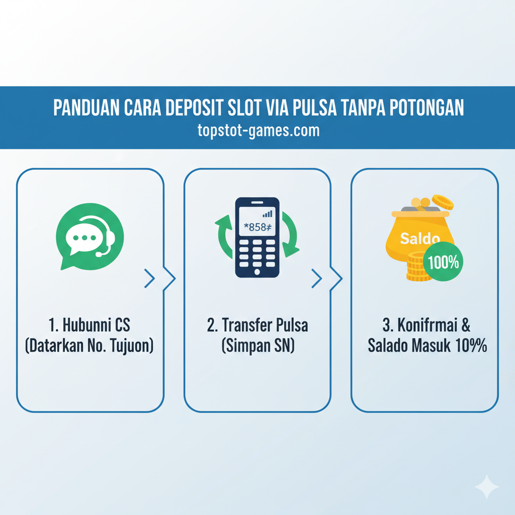 一张清晰的步骤教程图片，指导用户如何进行话费充值。图片水平分为三个步骤：第一步，一个“Live Chat”或CS客服图标，配文“1. Hubungi CS (Dapatkan No. Tujuan)”；第二步，一个手机正在发送话费的图标（例如*858#），配文“2. Transfer Pulsa (Simpan SN)”；第三步，一个游戏钱包（Saldo）图标，显示余额增加并有100%的确认标记，配文“3. Konfirmasi & Saldo Masuk 100%”。使用简单的图标和箭头来引导流程，背景简洁，确保用户一看就懂。