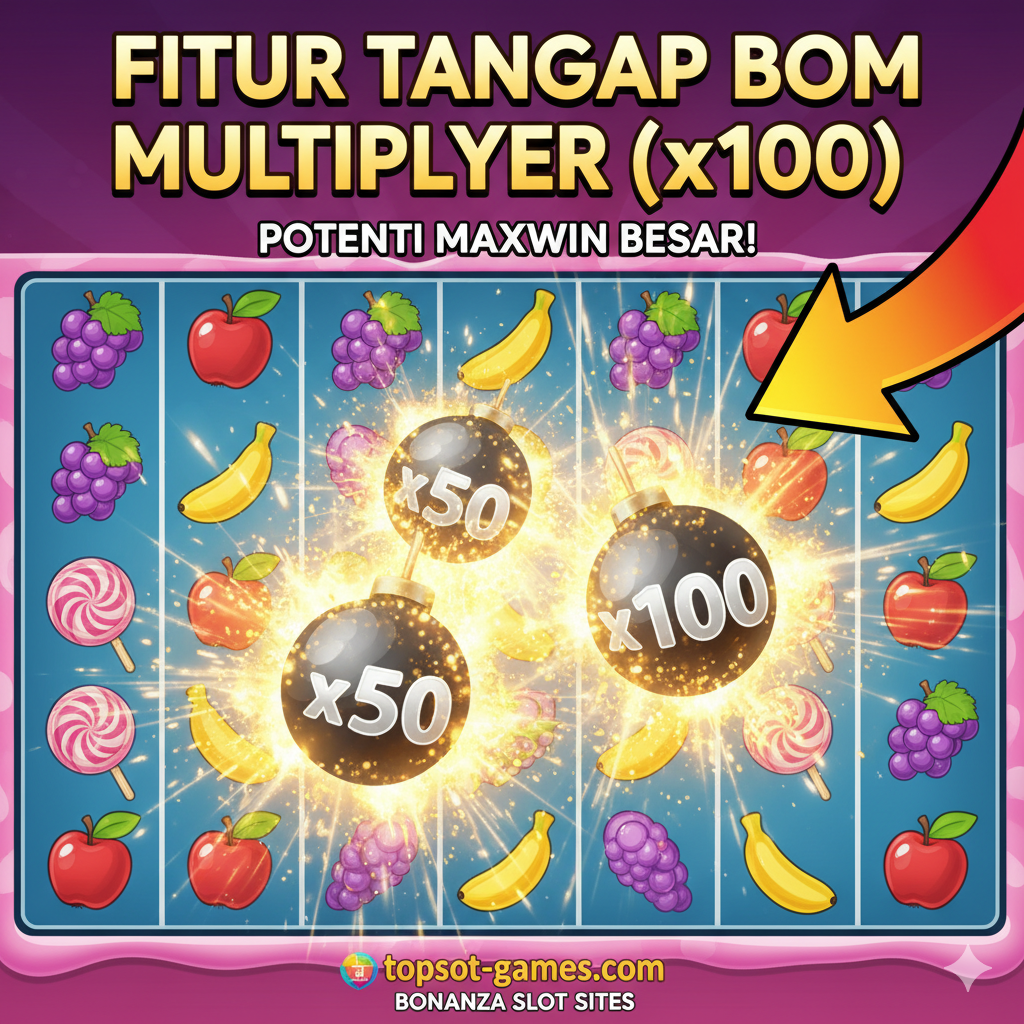 Gambar yang secara visual menjelaskan fitur utama Bonanza. Fokus pada fitur 'Multiplier Bomb' dari Sweet Bonanza. Tampilkan adegan dalam permainan Sweet Bonanza di mana beberapa bom Multiplier (misalnya x50 dan x100) baru saja meledak di antara tumpukan simbol permen dan buah-buahan, dengan percikan cahaya keemasan. Di bagian atas gambar, tampilkan tulisan 'FEATURE TANGKAP BOM MULTIPLIER (x100)' dengan panah besar menunjuk ke bom tersebut, menekankan potensi kemenangan besar (Maxwin). Warna-warna harus kontras dan membuat bom Multiplier menjadi pusat perhatian.