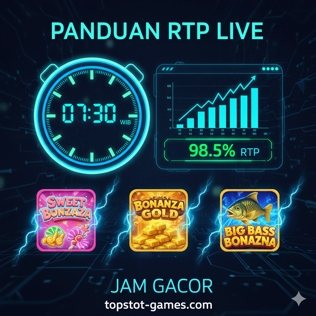Ilustrasi yang menggambarkan konsep 'RTP Live' atau 'Jam Gacor'. Gambarkan visual jam digital besar yang menunjukkan waktu '01:30 WIB' (salah satu jam gacor yang disebutkan) dan di sampingnya ada layar statistik digital (seperti grafik saham) yang melonjak naik, dengan tulisan '98.5% RTP' yang disorot. Gunakan palet warna biru neon dan hijau untuk memberikan kesan 'data' dan 'teknologi'. Di bawahnya, terdapat ikon tiga slot Bonanza yang berbeda (Sweet Bonanza, Bonanza Gold, Big Bass Bonanza) yang disinari oleh cahaya petir, seolah-olah mengindikasikan waktu terbaik untuk bermain.