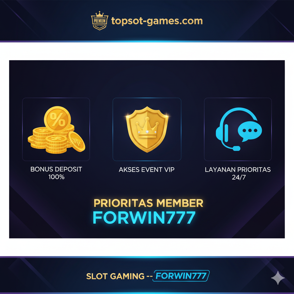 Gambar ini menyoroti fitur VIP dan bonus eksklusif. Komposisi bergaya 'infografis visual' dengan latar belakang gelap elegan (biru tua atau ungu). Tampilkan tiga ikon terpisah di bagian tengah yang mewakili fitur-fitur: 1) Tumpukan Koin Emas besar dengan tanda persentase (menggambarkan Bonus Deposit 100%), 2) Lencana (badge) mewah atau mahkota emas (menggambarkan Akses ke Event VIP), dan 3) Ikon headset atau chat box (menggambarkan Layanan Prioritas 24/7). Di bawah ikon tersebut, teks ringkas 'FORWIN777 MEMBER PRIORITY' dengan aksen cahaya neon. Gaya visual harus bersih, modern, dan premium.