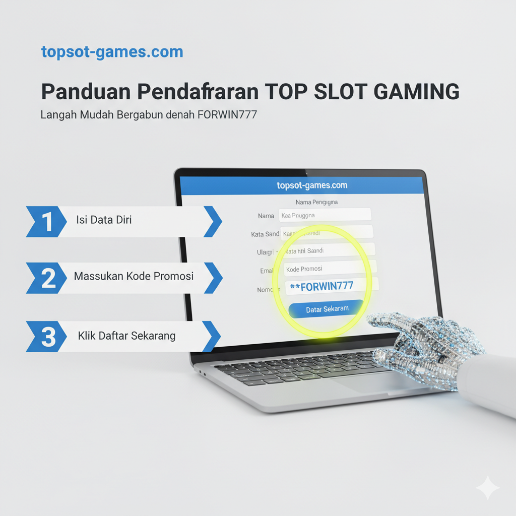 Gambar tutorial yang fokus pada proses pendaftaran dan pengaplikasian kode. Gunakan visual tangan (digitisasi, bukan foto asli) yang sedang mengetik di layar smartphone atau laptop. Layar tersebut menampilkan formulir pendaftaran yang disederhanakan. Fokus visual diarahkan ke kolom 'Kode Promosi' yang dilingkari dengan lingkaran neon kuning atau hijau cerah, di dalamnya terdapat teks kode 'FORWIN777' yang sangat menonjol. Tambahkan panah langkah demi langkah bernomor (1, 2, 3) di samping visual untuk menekankan urutan proses. Keseluruhan palet warna cerah (misalnya, putih-biru atau hijau-kuning) agar mudah dipahami.