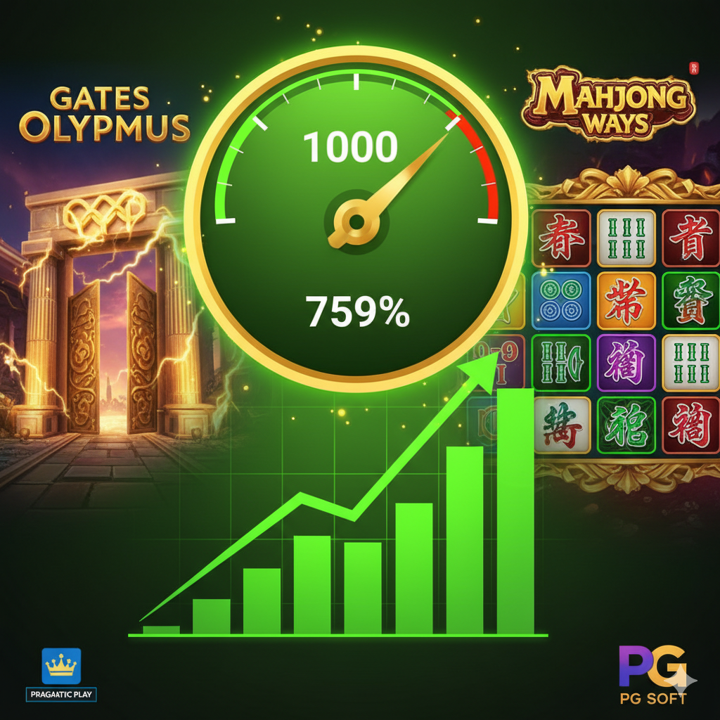Gambar yang menonjolkan keuntungan Game 'Gacor' dan RTP Tinggi. Latar belakang berupa tampilan antarmuka (UI) dari beberapa game slot populer (seperti gerbang Olympus atau ikon Mahjong) yang disajikan dalam resolusi tinggi. Di atas latar belakang ini, muncul grafik batang yang naik tajam atau sebuah meteran (gauge) yang menunjuk ke angka tinggi ('HIGH RTP' atau 'GACOR'). Sertakan ikon-ikon penyedia slot terkemuka (Pragmatic Play, PG Soft) dalam format logo kecil. Komposisi harus menciptakan rasa 'peluang tinggi' dan 'kemenangan terjamin'. Gunakan warna hijau cerah dan emas untuk menyorot elemen positif ini.