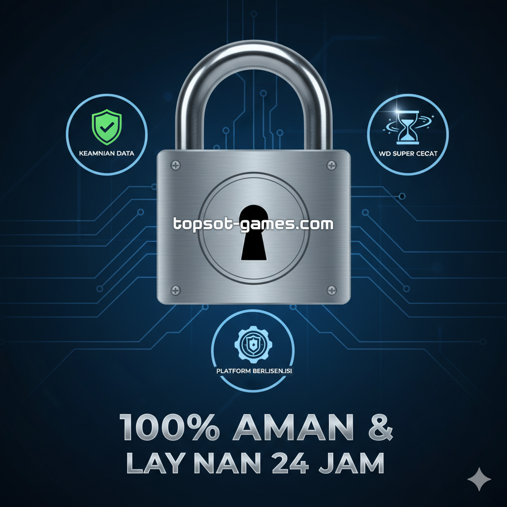 Gambar ringkasan dan jaminan keamanan. Desain harus berkesan solid, aman, dan dapat dipercaya, menggunakan warna perak, baja, dan biru tua. Tampilkan gembok besar yang terkunci rapat di tengah dengan logo 'topslot-games.com' tercetak di atasnya. Di sekitar gembok, tampilkan tiga ikon kecil yang melingkar: 1) Perisai/Shield dengan tanda centang (Keamanan Data), 2) Jam pasir atau kilat (Withdraw Cepat), dan 3) Logo lisensi internasional (misalnya, Malta, PAGCOR, atau ikon lisensi umum) dengan tulisan 'PLATFORM BERLISENSI'. Teks utama di bawahnya berbunyi: '100% AMAN & LAYANAN 24 JAM'.
