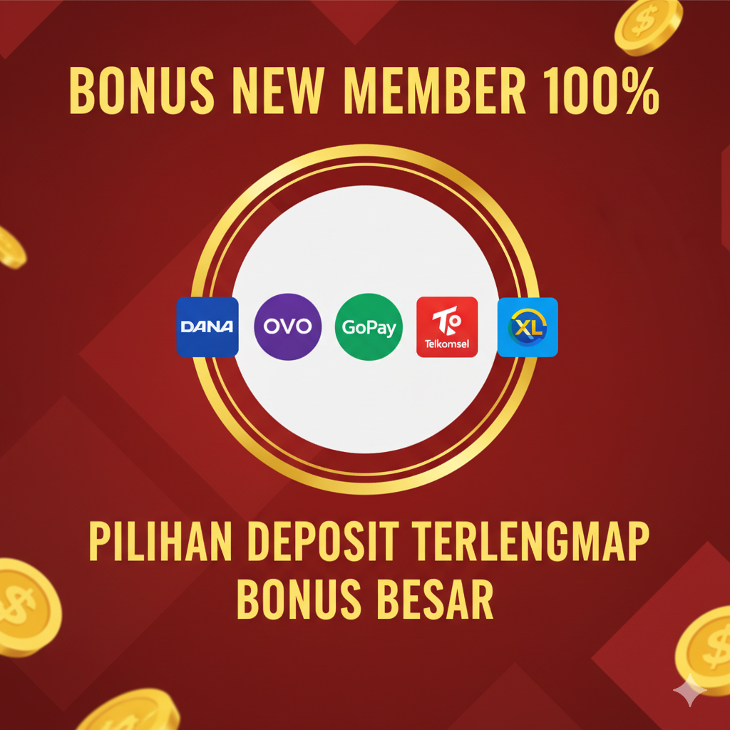 Sebuah close-up gambar yang secara jelas menampilkan deposit dan bonus. Elemen utama harus mencakup ikon-ikon E-Wallet Indonesia yang umum digunakan (DANA, OVO, GoPay) dan ikon Pulsa (Telkomsel, XL), disusun dalam format daftar atau diagram lingkaran. 'BONUS NEW MEMBER 100%' disorot dengan huruf besar di posisi yang mencolok. Skema warna didominasi oleh merah dan emas, melambangkan kekayaan dan promosi. Komposisi keseluruhan harus minimalis, menekankan fungsi inti dari 'Pilihan Deposit Terlengkap' dan 'Bonus Besar', dengan cepat menyampaikan kemudahan dan potensi pengembalian tinggi.
