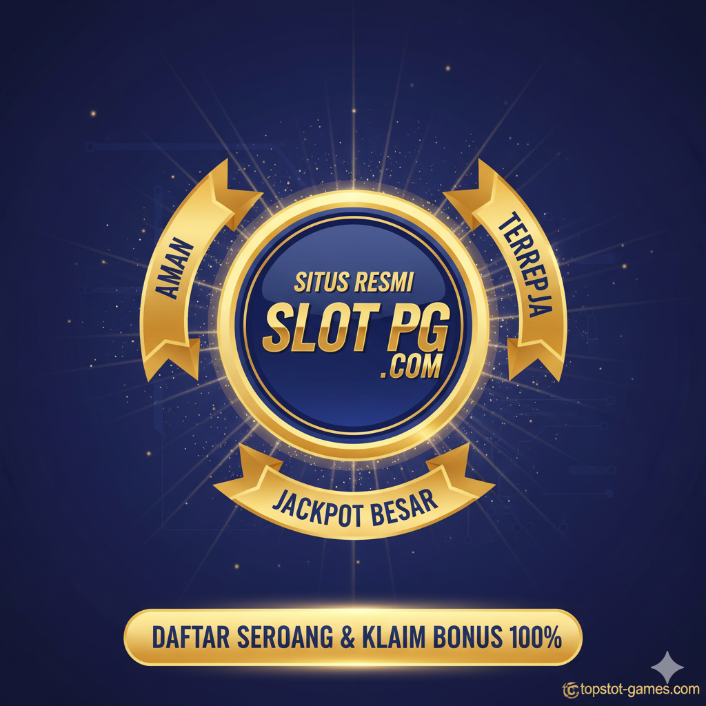 Sebuah ringkasan yang kuat dan gambar Call-to-Action (CTA) terakhir. Di tengah gambar terdapat stempel atau lencana 'Situs Resmi SLOT PG .COM' yang diperbesar, dikelilingi oleh kata kunci 'Aman', 'Terpercaya', dan 'Jackpot Besar'. Komposisi menggunakan bentuk radial atau fokus-sentral untuk meningkatkan dampak visual. Teks bergaya tombol yang mencolok di bagian bawah 'DAFTAR SEKARANG & Klaim Bonus 100%' memandu pengguna untuk bertindak. Skema warna harus menggunakan biru tua yang mendalam dan emas yang cerah, mencerminkan otoritas dan janji.
