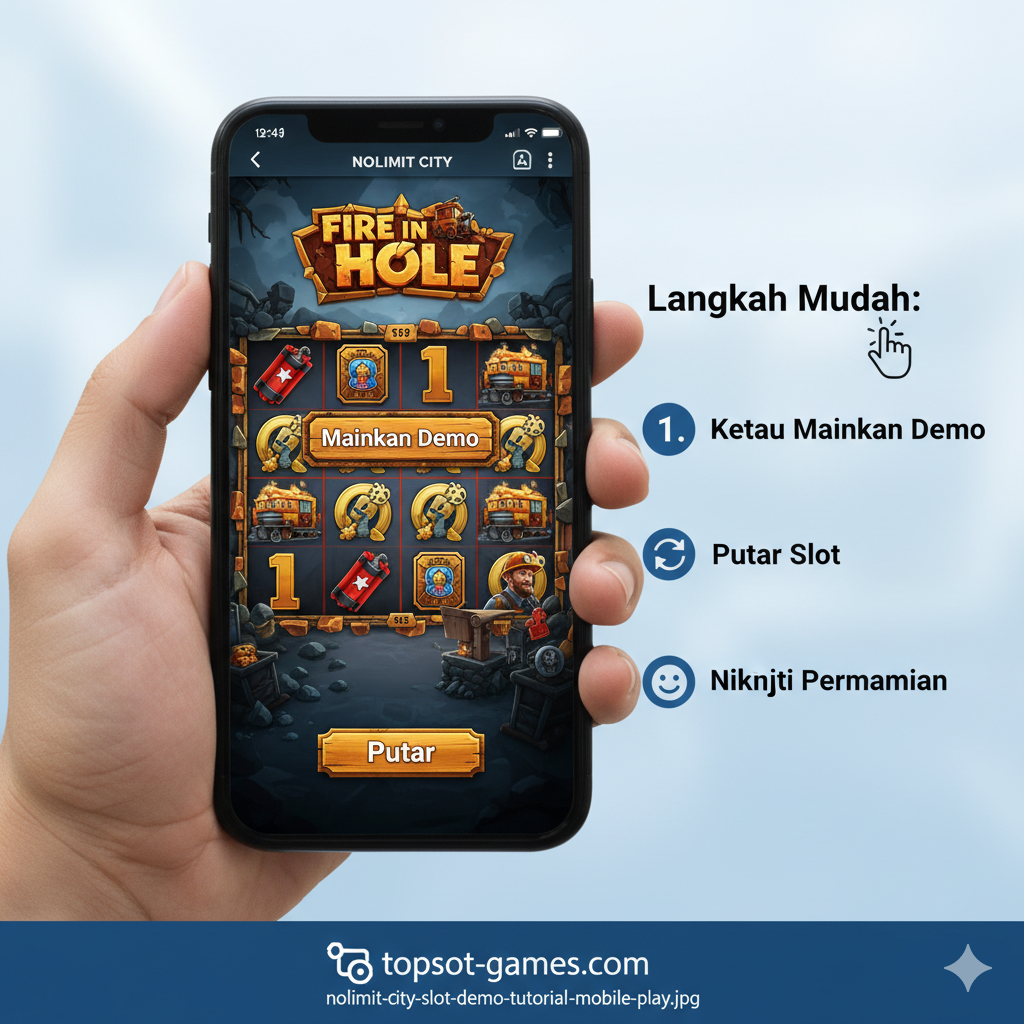 Visual yang berorientasi pada tutorial dan kegunaan di perangkat seluler. Tampilkan sebuah tangan sedang memegang smartphone modern yang menampilkan layar demo slot Nolimit City (misalnya, Fire in the Hole) yang sedang dimainkan. Di samping layar, ada langkah-langkah sederhana 1, 2, 3 yang diwakili oleh ikon (klik, mainkan, nikmati) atau panah yang menunjuk ke tombol 'Mainkan Demo' yang menonjol. Pastikan fokus pada pengalaman 'tanpa lag' dan 'mobile-friendly' dengan latar belakang bersih atau sedikit buram. Gaya gambar harus modern dan responsif.