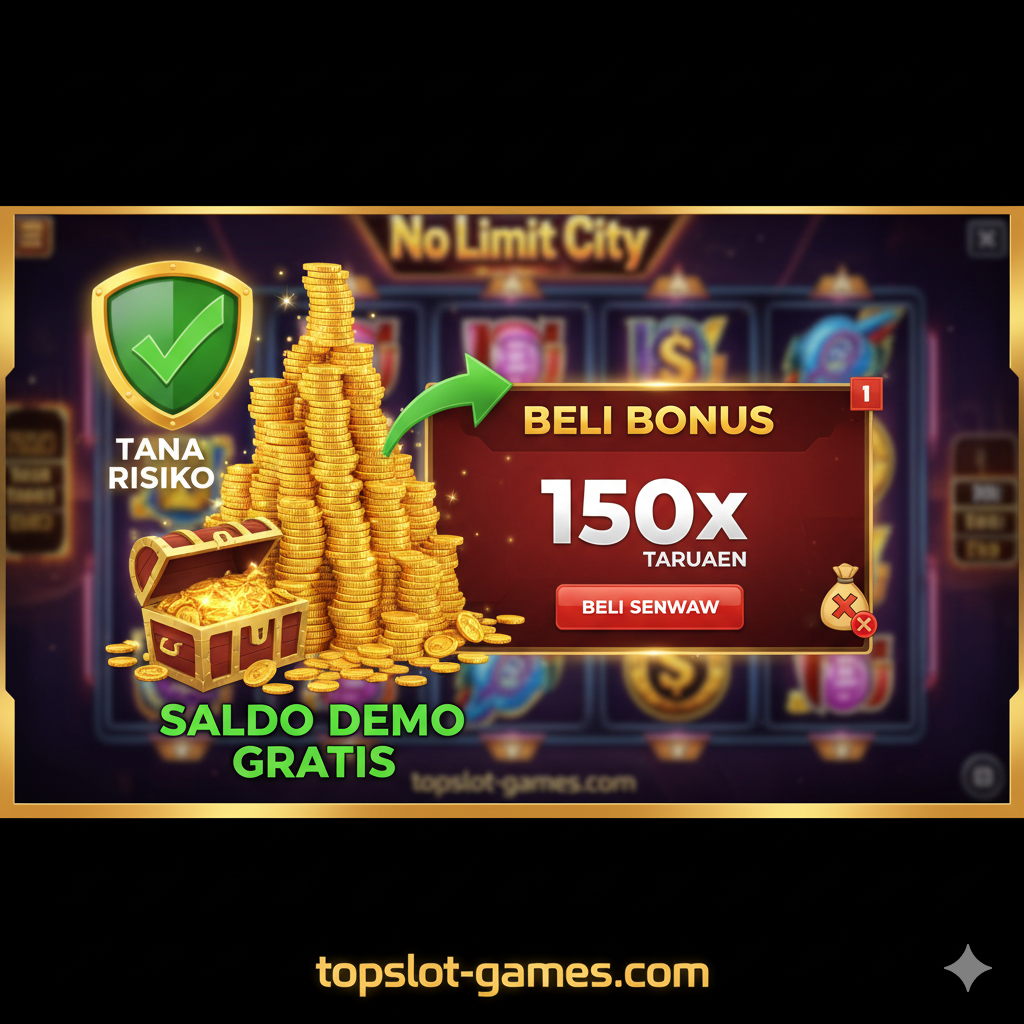 Gambar yang menyoroti keuntungan utama menggunakan versi demo untuk menguji 'Bonus Beli' (Feature Buy). Tampilkan layar antarmuka slot dengan jendela pop-up 'Bonus Buy' yang menonjol, menunjukkan angka biaya yang besar (misalnya, 150x taruhan). Di sebelahnya, tampilkan tumpukan koin emas virtual atau saldo demo besar yang berlimpah, dengan tanda centang (✓) besar atau ikon perisai yang melambangkan 'tanpa risiko/gratis'. Komposisi harus fokus pada perbedaan antara biaya tinggi dan risiko nol, menggunakan warna hijau dan emas untuk menekankan nilai dan peluang.