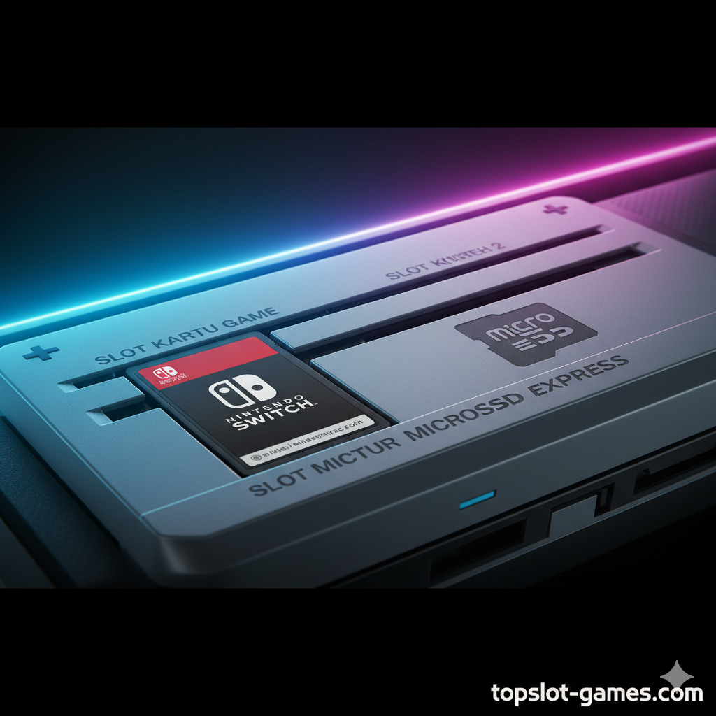 Gambar utama yang dramatis menampilkan perspektif close-up dari dua jenis slot kartu pada konsol Nintendo Switch 2 (konsep desain). Fokus tajam pada Game Card Slot dan MicroSD Express Slot. Latar belakang berwarna biru neon dan magenta, mencerminkan estetika Nintendo modern. Cahaya berfokus pada slot, menunjukkan kartu game fisik yang sedikit dimasukkan ke dalam satu slot, dan simbol kartu MicroSD di slot lainnya. Gaya visual harus bersih, futuristik, dan beresolusi tinggi, menarik bagi pembaca teknis topslot-games.com.