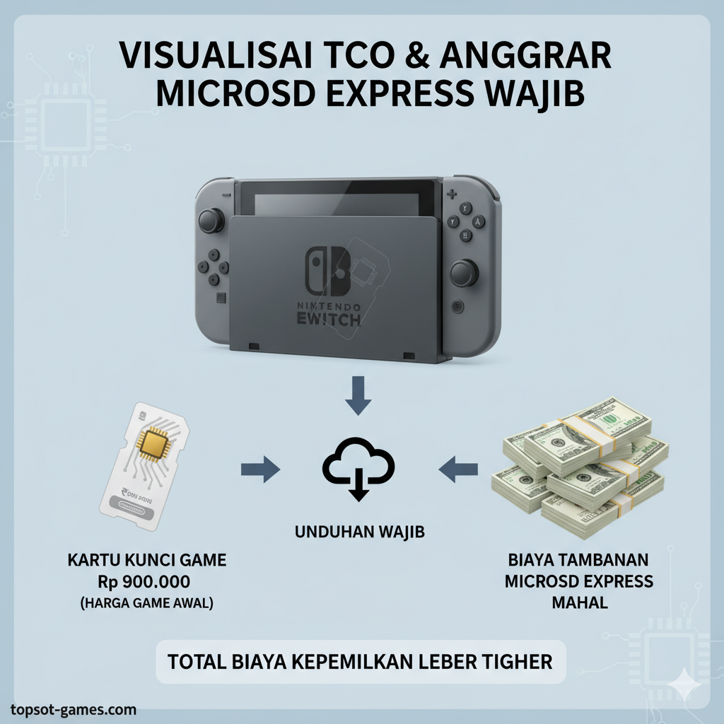Visual komparatif (Infografis sederhana) yang membedakan 'Game Card' tradisional dan 'Game-Key Card' kontroversial. Di sisi kiri, kartu game 3D dengan label 'Game Card (100% Data)' diletakkan di samping ikon konsol Switch 2. Di sisi kanan, kartu game yang identik diletakkan di samping ikon kunci dan simbol unduhan cloud, dengan label 'Game-Key Card (License Only)'. Gunakan warna merah untuk 'Key Card' untuk menandakan peringatan/kontroversi. Desain harus informatif, mudah dibaca, dan relevan dengan bagian II.C artikel.