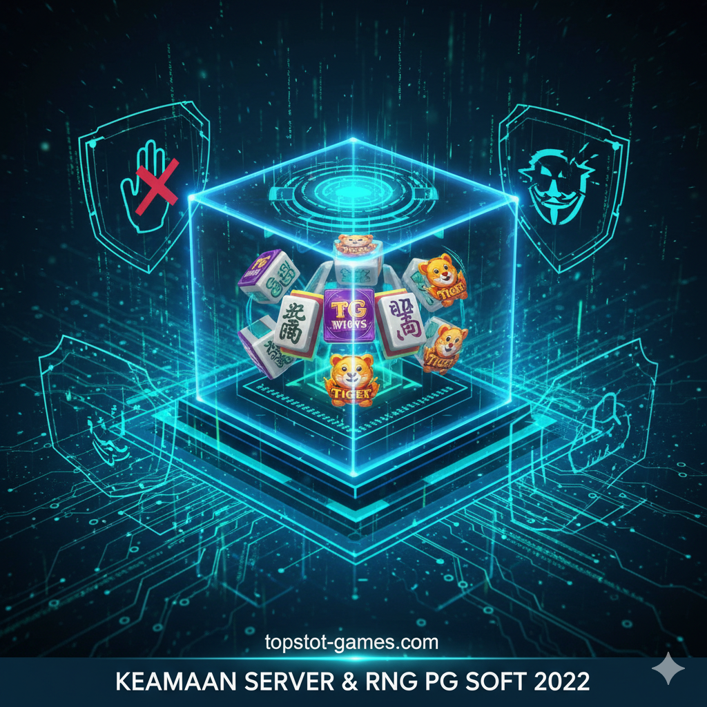 Gambar yang secara visual menjelaskan konsep keamanan server dan Random Number Generator (RNG) dari PG Soft. Fokusnya pada perlindungan data. Komposisi menampilkan sebuah kubus atau brankas digital yang sangat aman (secure digital vault) yang di dalamnya terdapat simbol-simbol slot (misalnya, Mahjong Ways atau Fortune Tiger) yang berputar secara acak (RNG). Brankas digital tersebut dikelilingi oleh lapisan-lapisan perisai keamanan (security shield layers) atau firewall, yang secara simbolis menolak upaya peretasan (sebuah ikon 'hacker' yang gagal atau sebuah tangan yang terhalang). Dominasi warna biru dan hijau neon untuk melambangkan teknologi canggih dan keamanan siber.