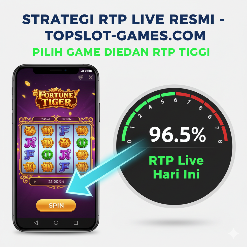 Visual yang berfokus pada strategi legal: RTP Live. Komposisi bergaya tutorial yang jelas. Di sebelah kiri, sebuah layar ponsel menampilkan antarmuka game slot PG Soft. Di sebelah kanan, sebuah grafik batang (bar chart) atau speedometer digital yang menunjuk ke angka tinggi, misalnya "96.5%" dengan label "RTP Live Hari Ini" yang disorot dengan warna hijau cerah. Sebuah panah besar atau sorotan menunjukkan koneksi langsung dari angka RTP ke tombol 'Spin' yang akan diklik. Tujuannya adalah mengedukasi pemain untuk memilih game berdasarkan data RTP yang sah, bukan cheat. Gaya cerah dan informatif.