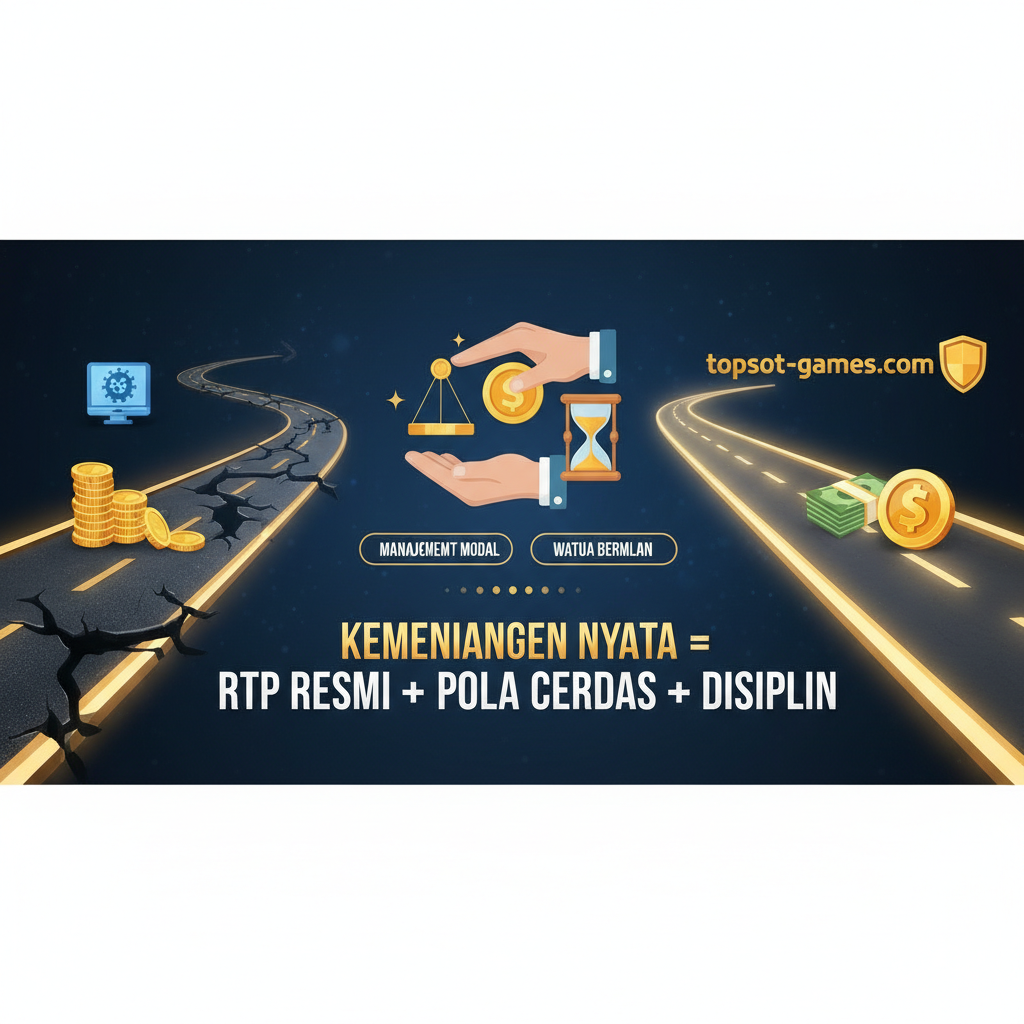 Visual penutup yang mendorong permainan yang bertanggung jawab dan aman. Komposisi menampilkan dua jalur: Jalur pertama (diabaikan) adalah jalan rusak/gelap menuju ikon virus/kehilangan uang. Jalur kedua (yang disorot) adalah jalan lurus dan cerah menuju logo topslot-games.com dan ikon uang tunai (cash/jackpot) dengan simbol perisai keamanan. Di tengah, sebuah ikon tangan yang sedang menyeimbangkan koin (saldo) atau mengatur jam, melambangkan 'Manajemen Modal' dan 'Waktu Bermain'. Teks utama harus berbunyi: "KEMENANGAN NYATA = RTP RESMI + POLA CERDAS + DISIPLIN". Gaya yang menenangkan namun meyakinkan, dengan warna yang lebih profesional (biru tua, emas, putih).