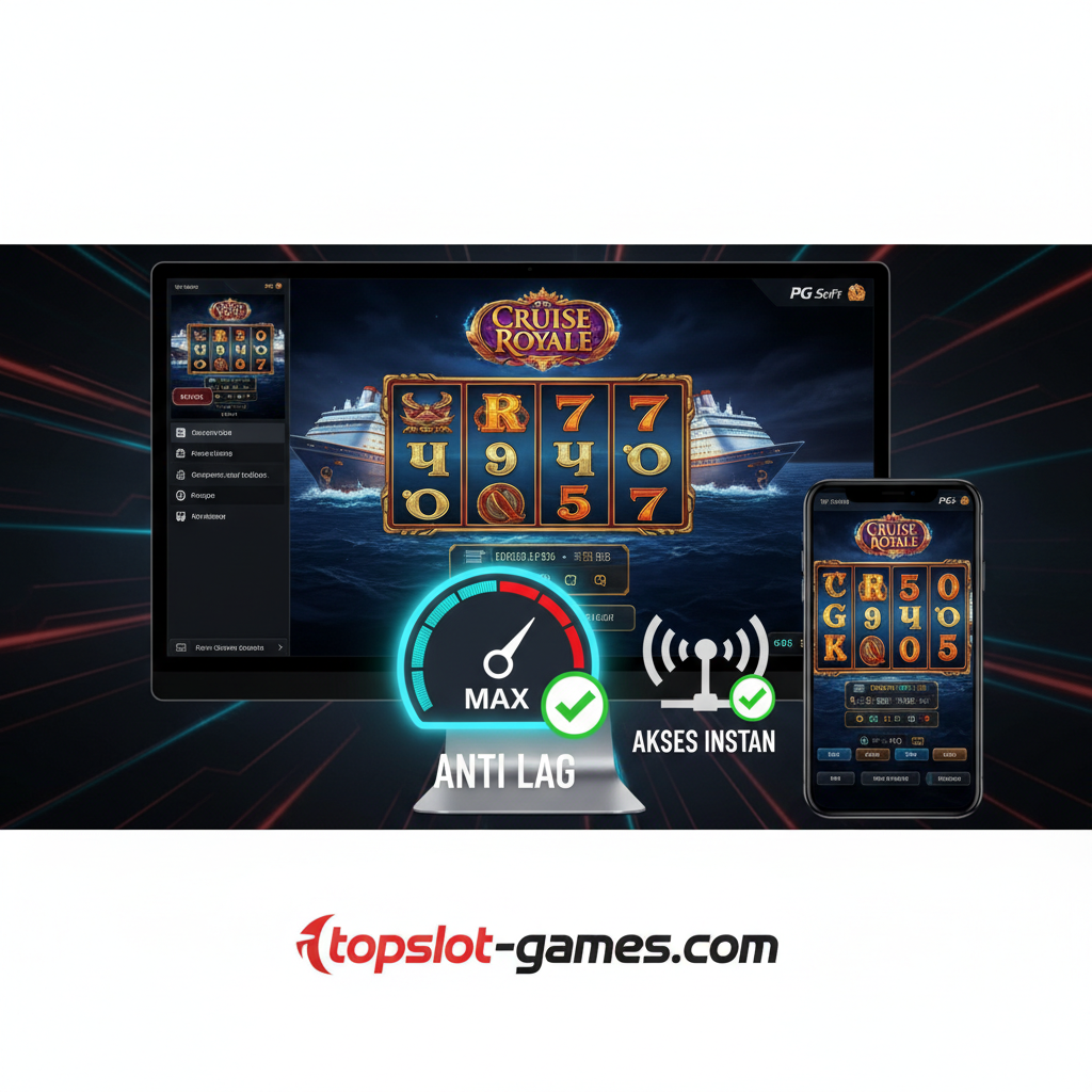 Visual yang menyoroti keunggulan bermain di topslot-games.com. Fokus pada pengalaman 'Demo Slot Anti Lag' dan 'Akses Instan'. Tampilkan layar slot Cruise Royale yang berjalan sangat mulus pada layar komputer dan ponsel secara berdampingan. Gunakan ikon 'Speedometer' atau 'Jaringan' dengan tanda centang hijau besar untuk melambangkan kecepatan dan stabilitas. Tambahkan logo topslot-games.com yang jelas. Gaya gambar harus bersih, modern, dan menekankan teknologi, dengan palet warna yang menarik perhatian (misalnya, kombinasi merah dan hitam/putih).