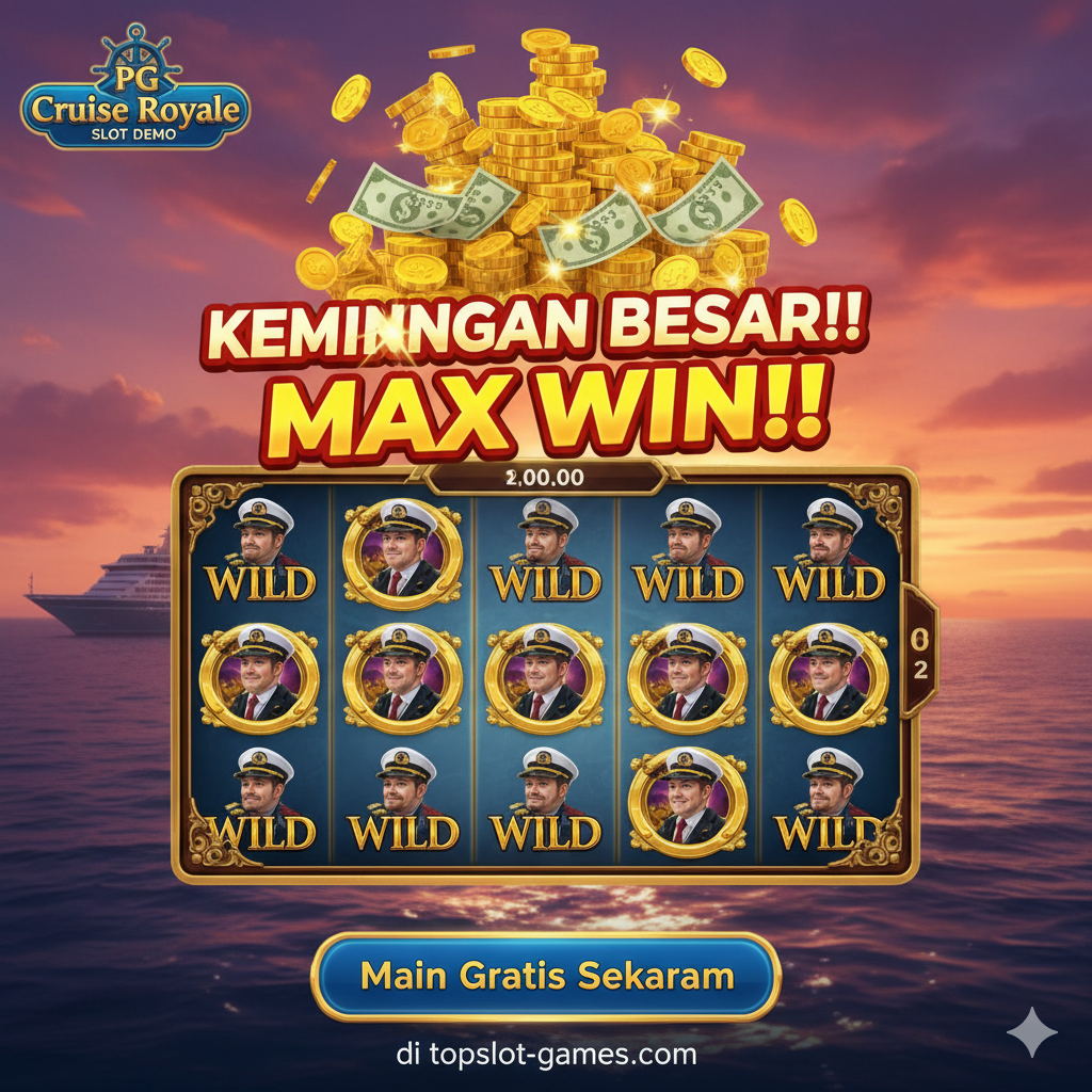 Gambar ringkasan/ajakan bermain yang menunjukkan klimaks permainan: 'Max Win' atau 'Big Win'. Tampilkan tampilan layar game dengan jumlah kemenangan virtual yang besar melayang di udara ($$$$ atau 'BIG WIN!!!'). Gulungan harus dipenuhi dengan simbol Kapten/Wild. Latar belakangnya adalah pemandangan laut yang indah saat matahari terbenam (jingga dan ungu), menambah kesan liburan yang sukses dan penuh keberuntungan. Sertakan ajakan untuk 'Main Gratis Sekarang di topslot-games.com' dengan tombol virtual yang menarik (misalnya, 'Play Now').