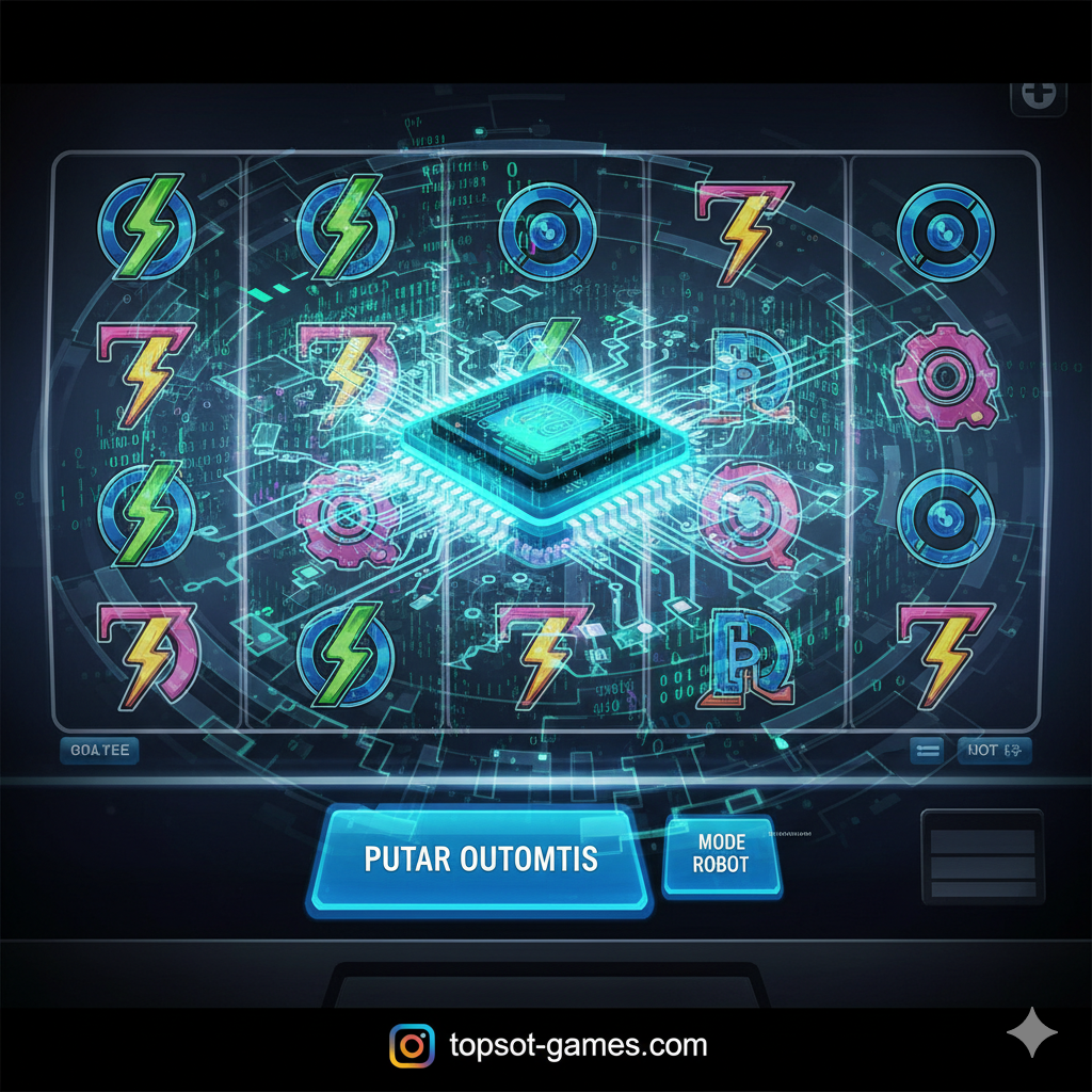 Ilustrasi yang kompleks menunjukkan mekanisme internal robot, seperti chip pemrosesan berteknologi tinggi berwarna hijau dan biru neon, dikelilingi oleh aliran data digital dan kode biner (binary code) yang mengalir. Gambar ini diposisikan di atas tampilan antarmuka slot machine yang jernih, menekankan fitur 'robot' atau otomatisasi yang melakukan putaran cerdas. Komposisi berlapis (overlay) dengan fokus pada detail teknologi, menyiratkan kecepatan dan kecerdasan algoritma di balik fungsi putaran.