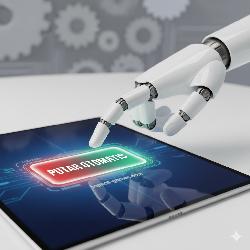 Foto beresolusi tinggi yang menunjukkan tangan robot bergaya industrial berwarna putih bersih dengan sendi minimalis, secara tepat menunjuk ke tombol 'AUTO SPIN' yang bersinar merah atau hijau pada antarmuka permainan slot digital yang ditampilkan di layar tablet atau panel kontrol futuristik. Latar belakangnya agak buram (bokeh) untuk menjaga fokus utama pada interaksi presisi antara tangan robot dan tombol, memberikan nuansa tutorial atau panduan pengaturan langkah demi langkah. Pencahayaan studio yang terang dan bersih.
