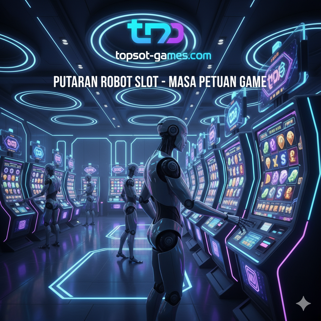 Pemandangan luas (wide-angle shot) sebuah ruang permainan futuristik yang elegan, di mana beberapa robot berdesain ramping berwarna abu-abu gelap dan perak terlihat berinteraksi di depan serangkaian mesin slot hologram yang memancarkan cahaya neon biru dan ungu. Komposisi memberikan perspektif mendalam yang menunjukkan integrasi teknologi robot dengan permainan slot, menciptakan suasana permainan yang canggih dan terotomatisasi. Fokus pada estetika cyber-gaming yang bersih, ringkas, dan modern untuk rangkuman tema.