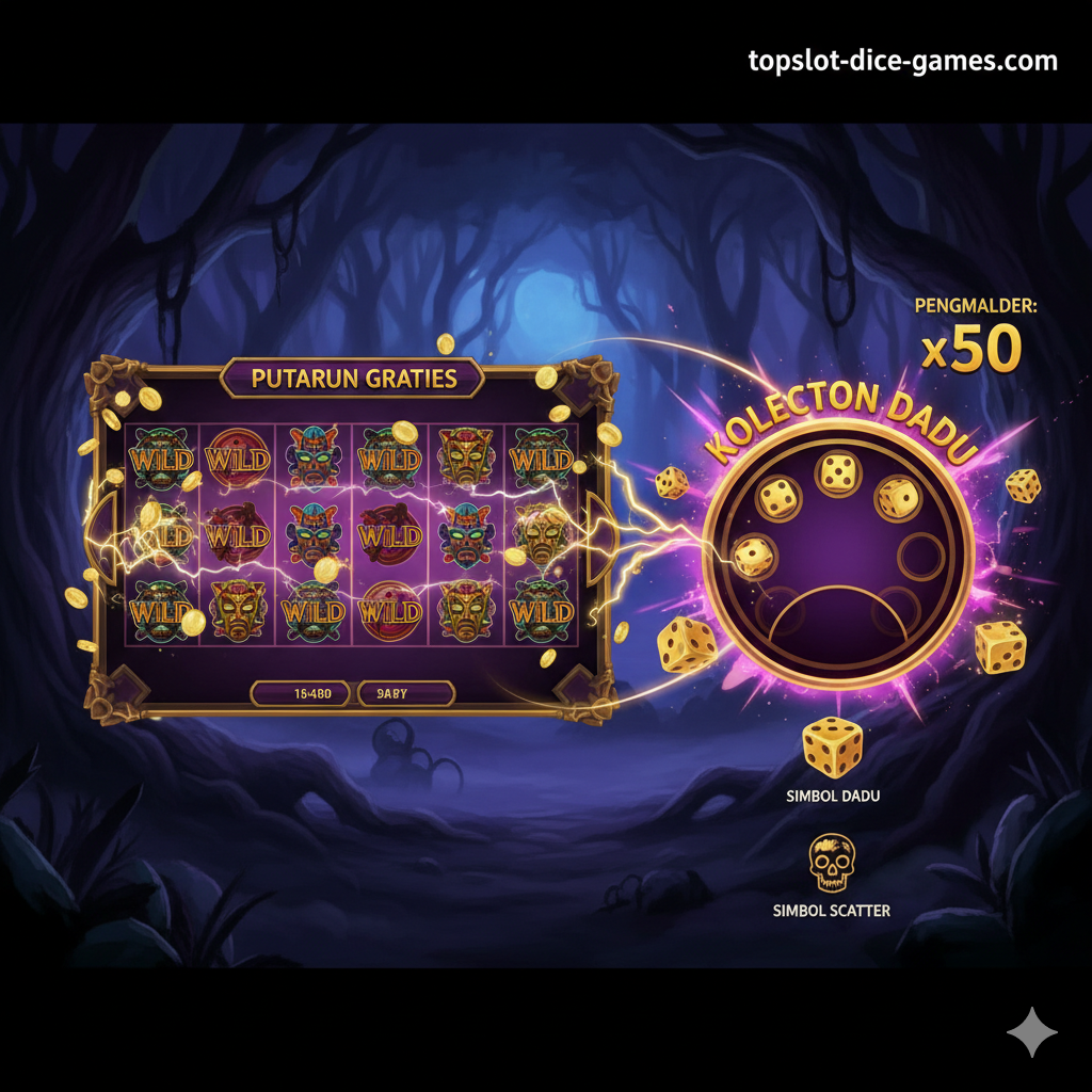 Ilustrasi yang menonjolkan fitur-fitur kunci Voodoo Dice Slot, terutama Free Spins dan Mekanik Dice Collection. Komposisi harus membagi fokus menjadi dua area: satu sisi menampilkan layar putaran gratis dengan simbol Wild yang bertumpuk dan Multiplier yang besar, dan sisi lainnya menampilkan meteran 'Dice Collection' yang hampir penuh atau baru saja terpicu, dengan efek visual ledakan energi. Latar belakang harus memiliki palet warna gelap (biru tua, ungu, hitam) dengan elemen emas atau kuning terang untuk menyorot fitur bonus. Gambar harus menjelaskan secara visual bagaimana fitur-fitur tersebut mengarah pada kemenangan besar. Sertakan ikon-ikon kecil dari simbol Scatter dan Dice yang jelas.