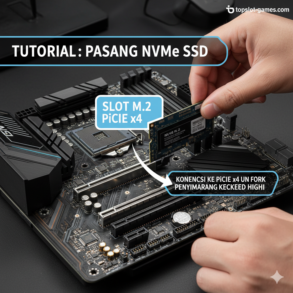 A clean, instructional image demonstrating the smaller PCIe x4 connection used by an NVMe SSD (Solid State Drive). The image should feature an M.2 NVMe SSD being physically installed into an M.2 slot on a motherboard. Use a clear, brightly lit environment (like a workshop bench). A small inset or label should explicitly connect the M.2 slot to the concept of 'PCIe x4' to serve as a visual tutorial on where this secondary critical component connects, emphasizing the high-speed storage discussed.