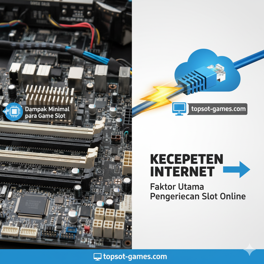A conceptual, split-screen or comparative image to illustrate the advantage and priority: comparing internal PC speed (PCIe) versus external internet speed. On one side, show a highly detailed, complex motherboard with a small, slow-moving graphic arrow (representing its minimal impact on slot games). On the other side, show a bright, bold graphic of a networking cable (Ethernet) with a huge, fast-moving arrow or lightning bolt connecting the PC to a cloud icon or a server (labeled 'topslot-games.com'). The overall message should be that Internet Speed is the greater factor for online slot experience.