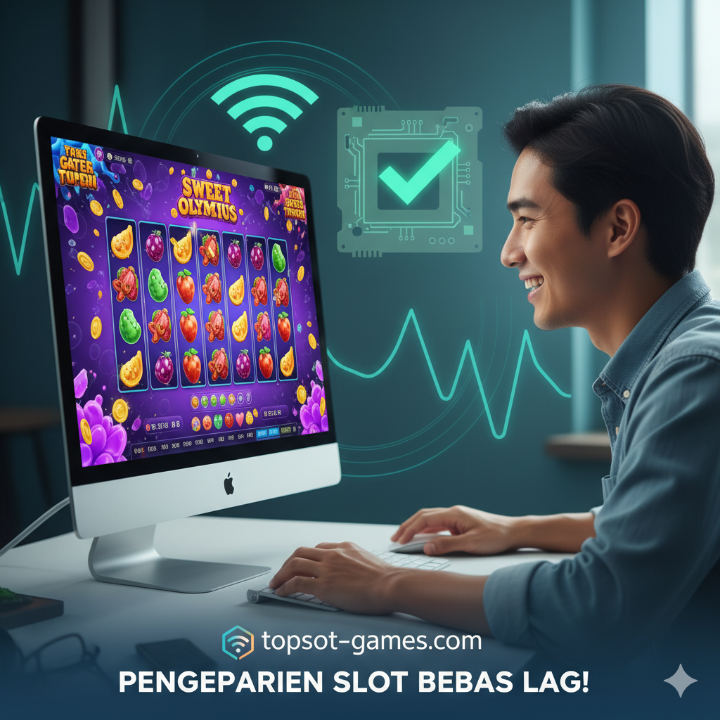 A dynamic image summarizing the result of an optimized PC. Show a person happily playing a vibrant, animated 3D online slot game (like a fictional version of Sweet Bonanza or Gates of Olympus) on a clean, modern computer screen. In the background, incorporate subtle graphic elements representing a stable internet connection (WiFi/Ethernet waves) and a green checkmark over a motherboard silhouette, symbolizing smooth performance. The color palette should be bright and engaging, focusing on the end-user benefit: a seamless, lag-free slot playing experience.