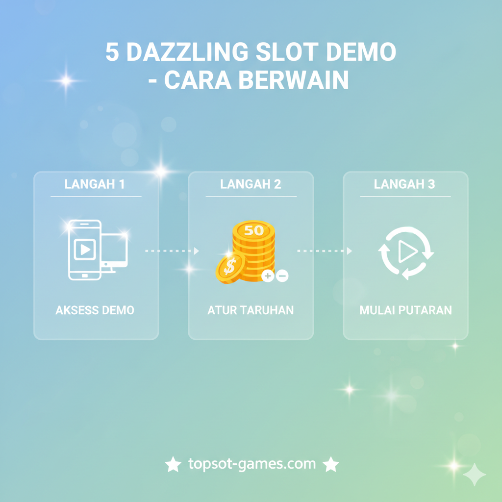 Infografis langkah demi langkah yang memandu pemain cara memulai demo. Tiga ikon atau kotak bernomor (1, 2, 3) yang terstruktur rapi. Langkah 1: 'Akses Demo' - ikon perangkat seluler/desktop. Langkah 2: 'Atur Taruhan' - ikon tombol taruhan (misalnya angka '50' atau tumpukan koin virtual). Langkah 3: 'Mulai Putaran/Spin' - ikon tombol putar/panah melingkar. Gunakan skema warna yang menenangkan namun profesional agar mudah dibaca, dengan teks panduan minimalis.