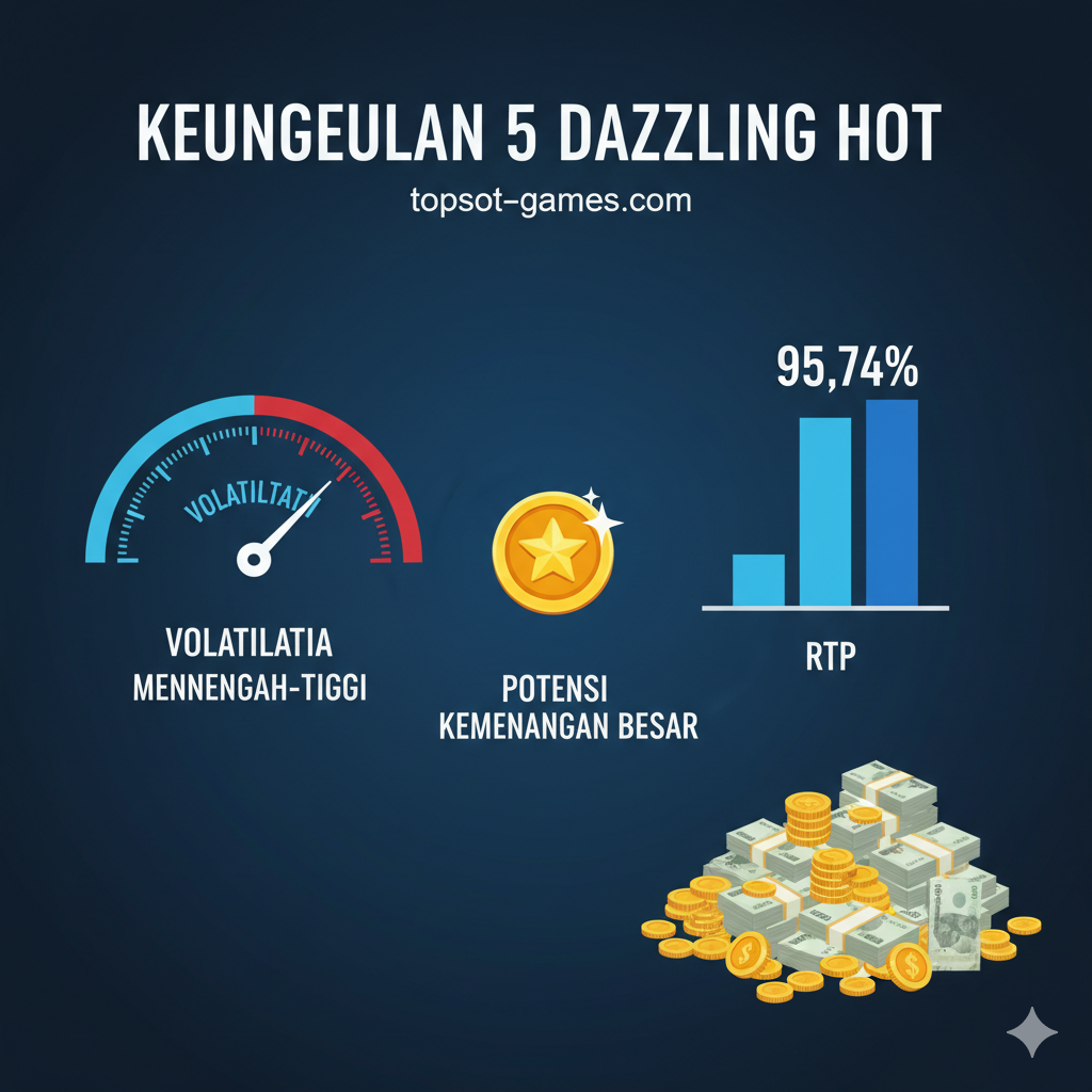 Visual yang menonjolkan keunggulan utama 5 Dazzling Hot berdasarkan statistik: RTP 95.74% dan Volatilitas Menengah-Tinggi. Tampilkan grafik batang atau meteran yang menunjukkan volatilitas (berlabel 'Menengah-Tinggi') dan persentase RTP. Gunakan ikon koin besar dan tumpukan uang untuk mewakili potensi kemenangan besar. Berikan kesan formal dan dapat dipercaya, sesuai dengan bagian data & statistik dalam artikel, menargetkan pemain serius topslot-games.com.
