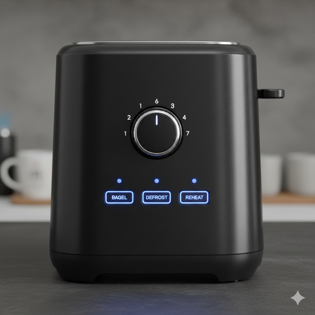 Foto fokus close-up pada panel kontrol pemanggang roti slot panjang 4 potong hitam. Tampilkan tombol pengaturan kegelapan (dial) yang besar dan jelas (dengan angka 1-7) serta tombol fungsi khusus yang menyala (seperti 'Bagel', 'Defrost', 'Reheat'). Pencahayaan harus menonjolkan fungsi digital/LED jika ada, untuk menunjukkan presisi. Komposisi harus fokus pada kontrol fungsional, menekankan kemudahan penggunaan dan pengaturan yang canggih untuk pemanggangan yang konsisten.
