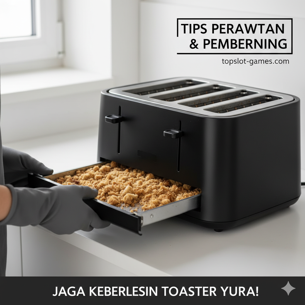 Gambar tutorial yang menunjukkan tangan yang mengenakan sarung tangan dapur minimalis berwarna abu-abu/hitam sedang dengan lembut mengeluarkan baki remah (removable crumb tray) yang penuh dari bagian bawah pemanggang roti slot panjang 4 potong hitam. Latar belakang harus bersih dan fokusnya adalah pada baki yang ditarik keluar, dengan beberapa remah roti yang terlihat jelas di dalamnya. Gambar ini harus menekankan 'Tips Pemeliharaan dan Pembersihan' dan pentingnya menjaga kebersihan toaster.