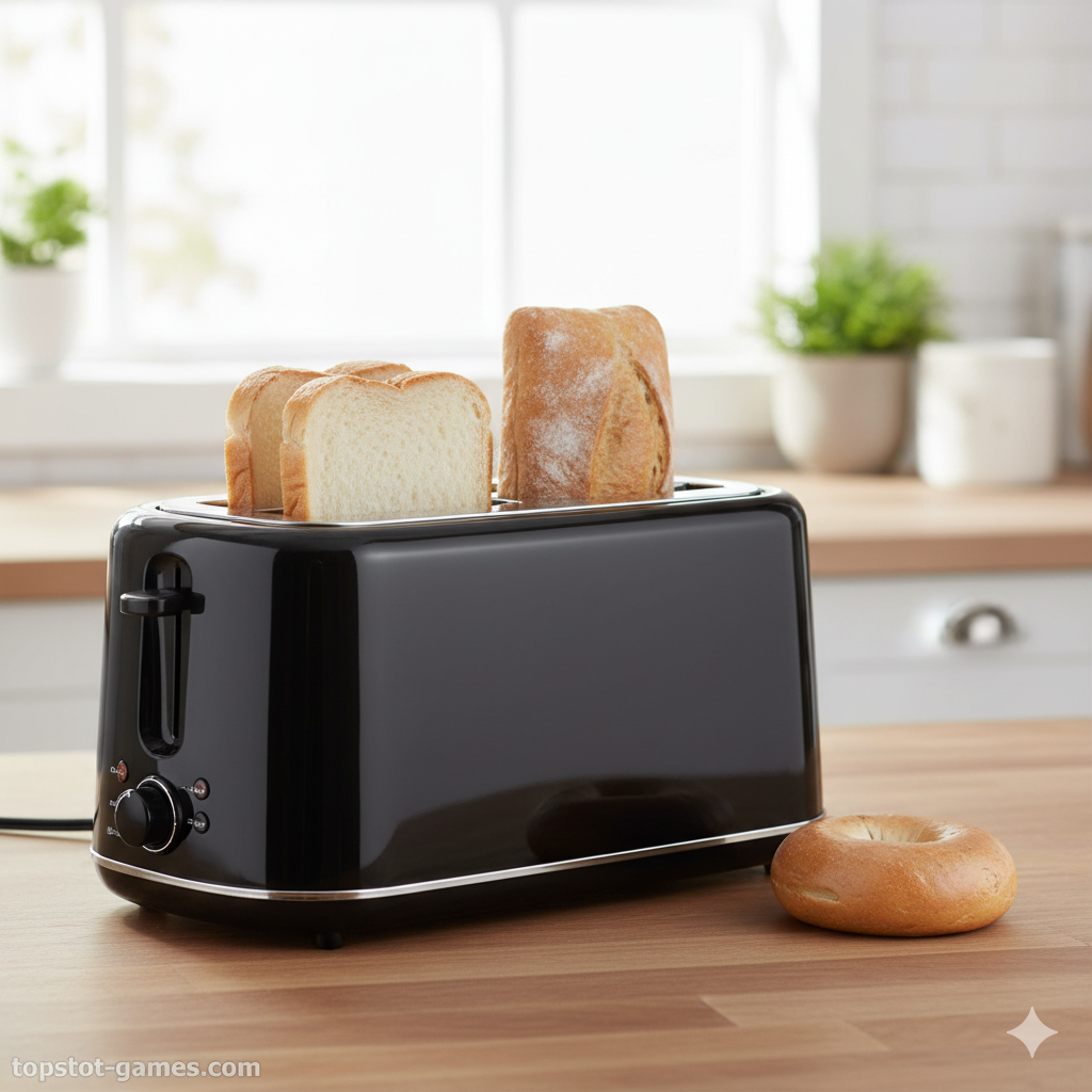 Sebuah gambar yang menyoroti fleksibilitas slot panjang. Tampilkan pemanggang roti slot panjang 4 potong hitam dengan satu slot diisi dengan dua potong roti tawar standar dan slot lainnya diisi dengan satu potong tebal dari roti sourdough artisan yang panjang. Selain itu, ada satu bagel tebal yang diletakkan di samping toaster. Pencahayaan harus cerah, dan komposisi menunjukkan kontras antara item yang berbeda, secara visual mengilustrasikan keunggulan 'slot ekstra lebar' dan kemampuan memanggang berbagai jenis roti sekaligus.