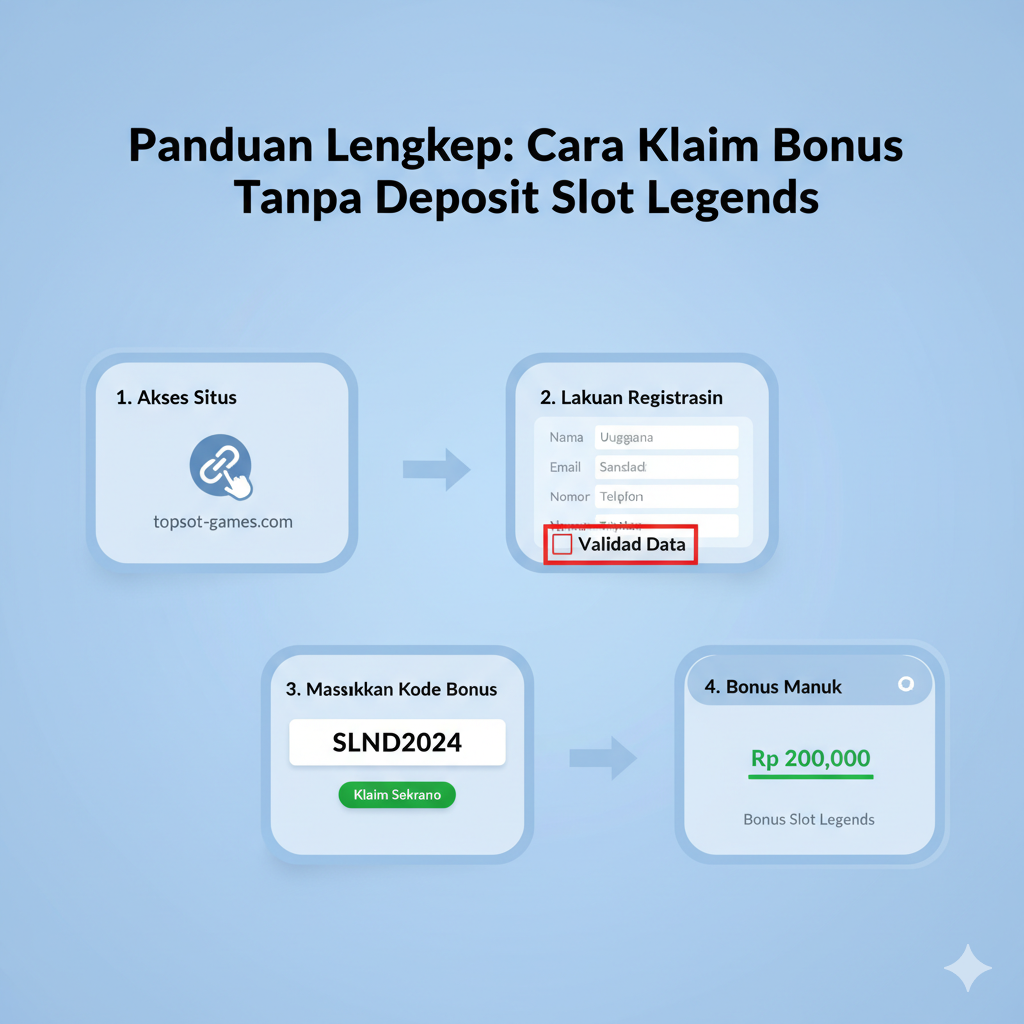 用于'Panduan Lengkap: Cara Klaim...'部分的步骤指导图。画面以四个流程图气泡或手机屏幕截图的风格呈现：1. 'Akses Situs'（点击链接），2. 'Lakukan Registrasi'（填写表格），3. 'Masukkan Kode Bonus'（输入SLND2024），4. 'Bonus Masuk'（余额增加）。使用箭头连接这些步骤，背景为淡雅的、充满科技感的蓝色调。图片重点突出'SLND2024'代码和注册表单上的重要提醒（Validasi Data），确保用户操作准确无误。