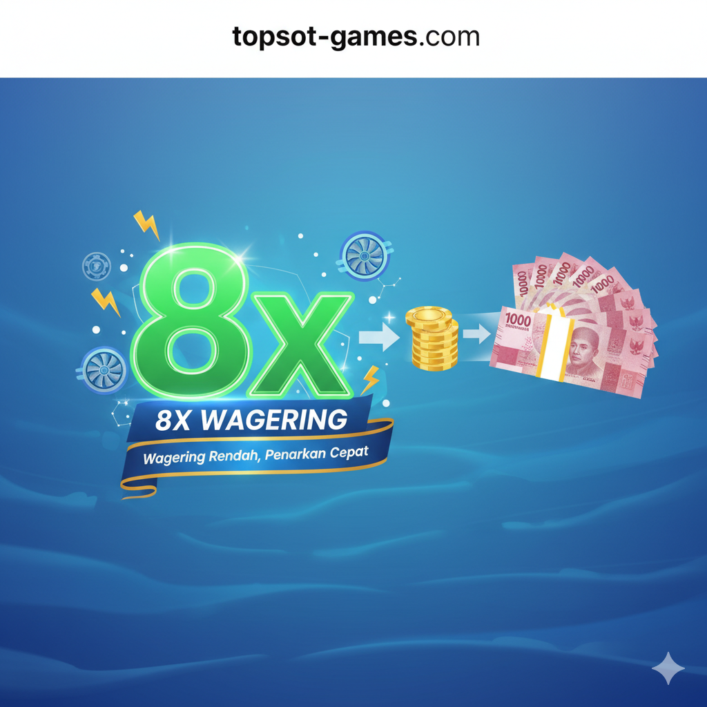 用于强调'8x Wagering'优势的部分。图片核心是一个巨大的、闪烁的绿色'8x'数字，周围环绕着象征速度和效率的涡轮或闪电符号。数字旁边是一个从免费筹码迅速变成一叠印尼盾（Rupiah）纸币的视觉转换动画效果。使用'Peluang Blue Ocean'（蓝海机会）的比喻，背景可以有柔和的蓝色渐变，象征稀有和高价值的发现。强调低Wagering是快速提现的关键。