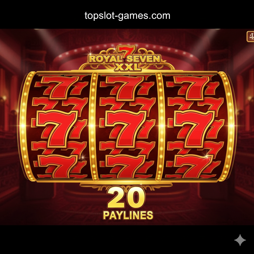 Sebuah gambar yang berfokus pada fitur inti Angka Tujuh (7) yang Berlipat Ganda, menunjukkan lima gulungan yang dipenuhi dengan simbol '7' merah, mengisyaratkan kemenangan Super Big Win yang akan segera terjadi, dengan indikasi 20 Paylines yang jelas.