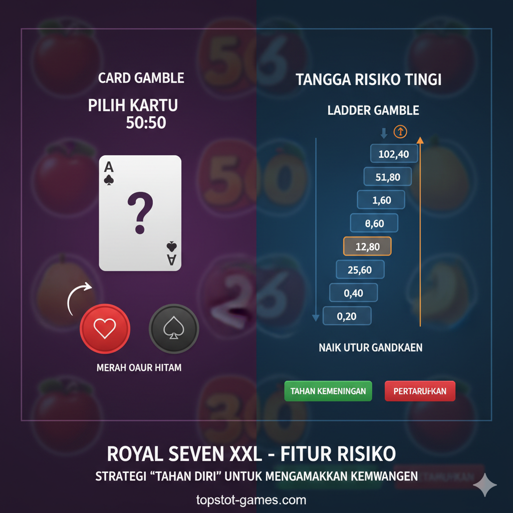 Sebuah gambar instruksional yang menunjukkan kedua opsi Gamble Feature: di sebelah kiri, Card Gamble dengan kartu tanya jawab Merah/Hitam; di sebelah kanan, Ladder Gamble dengan tangga yang harus dinaiki untuk melipatgandakan hadiah.