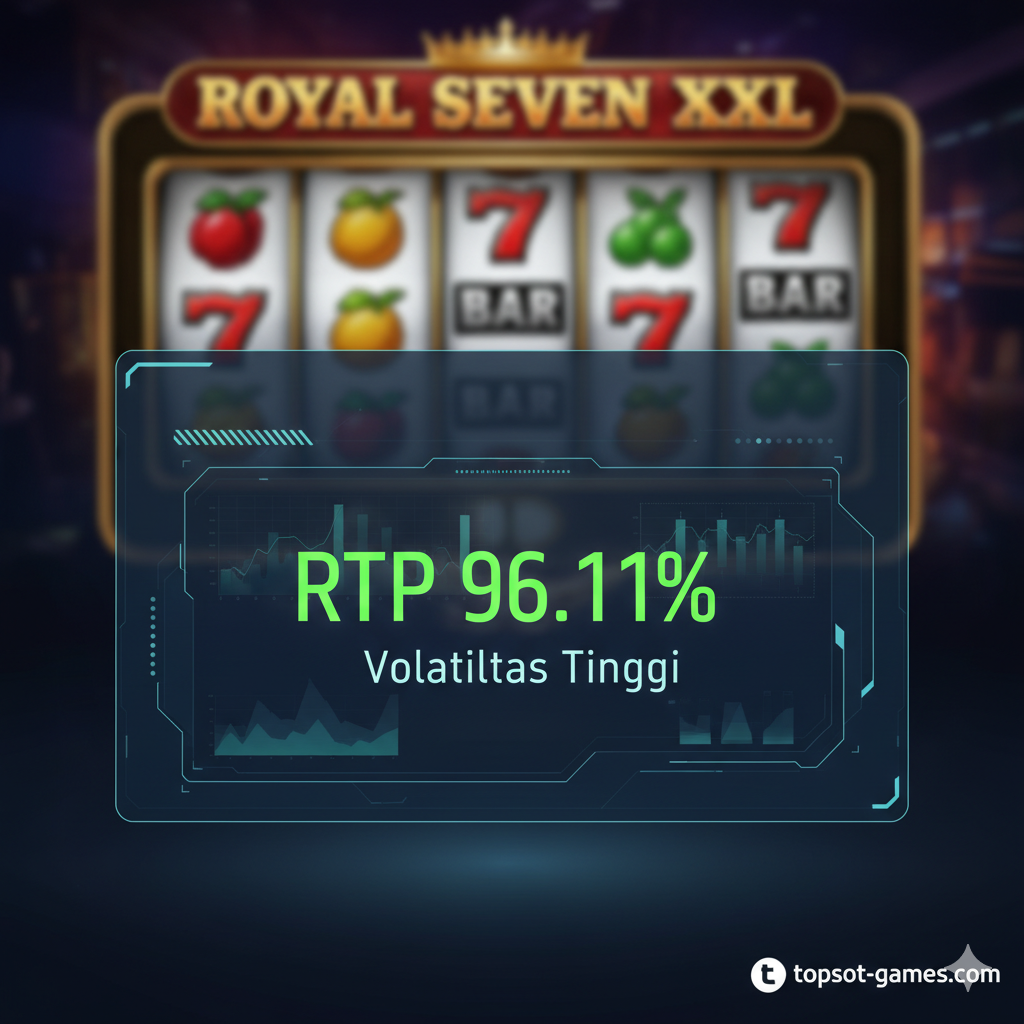 Sebuah gambar profesional yang menyoroti data analisis game, dengan latar belakang gulungan slot yang buram, menampilkan papan data yang menonjolkan 'RTP 96.11%' dan 'Volatilitas Tinggi' dalam warna-warna yang menarik.