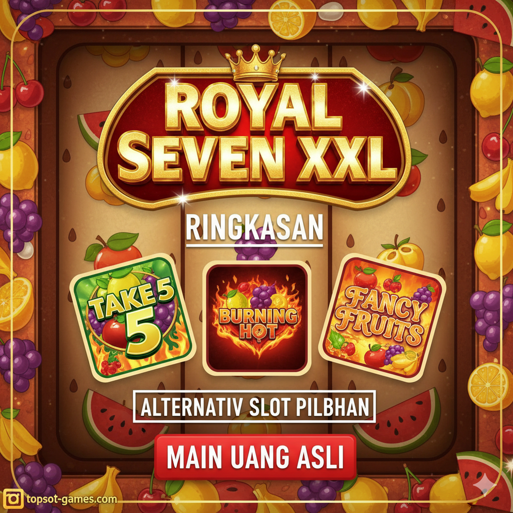 Sebuah gambar ringkasan yang menampilkan logo Royal Seven XXL Slot di tengah, dikelilingi oleh ikon-ikon kecil dari game alternatif yang direkomendasikan seperti Take 5, Fancy Fruits, dan Burning Hot, untuk menunjukkan eksplorasi lebih lanjut.