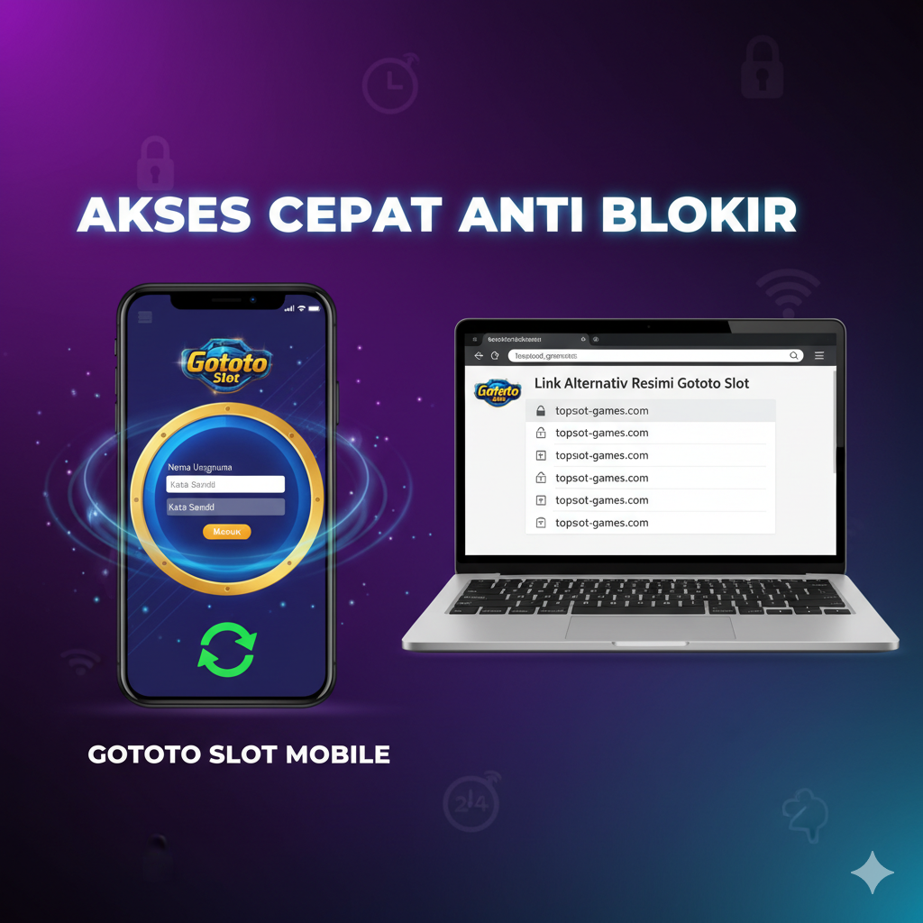 Gambar yang menyoroti kemudahan akses Gototo Slot Login dan fitur mobile. Komposisi harus menampilkan dua layar, satu adalah ilustrasi smartphone modern (atau tablet) yang menampilkan halaman login Gototo Slot yang mulus dan ramah seluler, dan yang lainnya adalah desktop/laptop dengan tampilan link alternatif yang aman. Gunakan warna cerah di latar belakang seperti ungu dan cyan untuk menonjolkan teknologi. Tambahkan elemen ikonografi kunci, panah melingkar (untuk anti blokir/pembaruan), dan perisai yang mengelilingi layar ponsel, menekankan keamanan dan ketersediaan 24 jam. Teks fokus pada 'Akses Cepat Anti Blokir' dan 'Gototo Slot Mobile'.