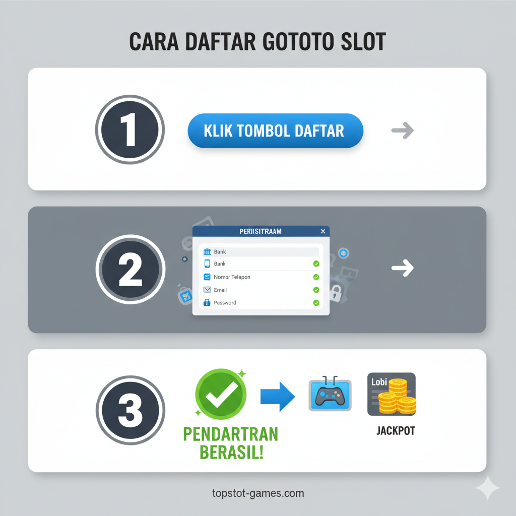 Visual panduan langkah demi langkah untuk proses Daftar Gototo Slot. Gambar harus berupa infografis yang bersih dan terstruktur. Gunakan tiga panel atau langkah bernomor (1, 2, 3) yang terpisah secara visual. Panel 1: Ikon 'Klik Tombol Daftar' (tombol besar). Panel 2: Ilustrasi formulir pendaftaran virtual dengan ikon data-data penting (seperti ikon bank, telepon, email, gembok untuk password) yang diisi. Panel 3: Ikon 'Success/Centang Hijau' besar dengan panah yang mengarah ke lobby game atau ikon uang/jackpot. Palet warna harus profesional (putih, abu-abu, dengan aksen warna primer yang menarik perhatian) dan mudah dibaca, memberikan kesan cepat dan aman.