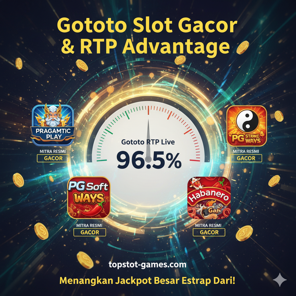 Gambar yang fokus pada keunggulan 'Gototo Slot Gacor' dan 'RTP'. Visualisasikan grafik batang atau dial meter besar yang menunjukkan persentase tinggi (misalnya, 96.5%) dengan label 'Gototo RTP Live'. Di sekitarnya, letakkan logo-logo 3 provider utama yang disebutkan (Pragmatic Play, PG Soft, Habanero) sebagai mitra resmi, masing-masing dengan ikon game 'Gacor' mereka (misalnya, Zeus, Mahjong Ways). Latar belakang harus dinamis dengan efek cahaya atau energi yang mengalir, menyiratkan aliran uang dan informasi real-time. Gaya harus informatif namun menarik, menekankan data dan potensi kemenangan besar.