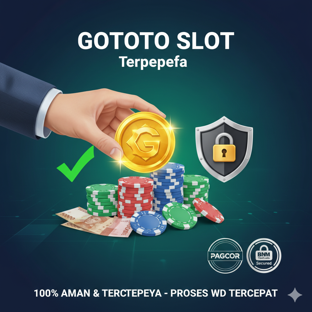 Visualisasi ringkasan yang fokus pada keamanan dan kepercayaan. Komposisi berupa tangan yang memegang koin emas besar atau token kasino yang berkilauan, diletakkan di atas tumpukan uang atau chip poker. Latar belakang harus memancarkan aura kepercayaan (biru tua atau hijau zamrud). Elemen penting: Tanda centang besar, ikon perisai besar (keamanan), dan logo lisensi (representasi PAGCOR/BMM/SSL) di sudut. Teks singkat di gambar berbunyi: '100% Aman & Terpercaya - Proses WD Tercepat'. Desain harus menenangkan namun meyakinkan, berfungsi sebagai CTA akhir yang menegaskan kredibilitas situs Gototo Slot.