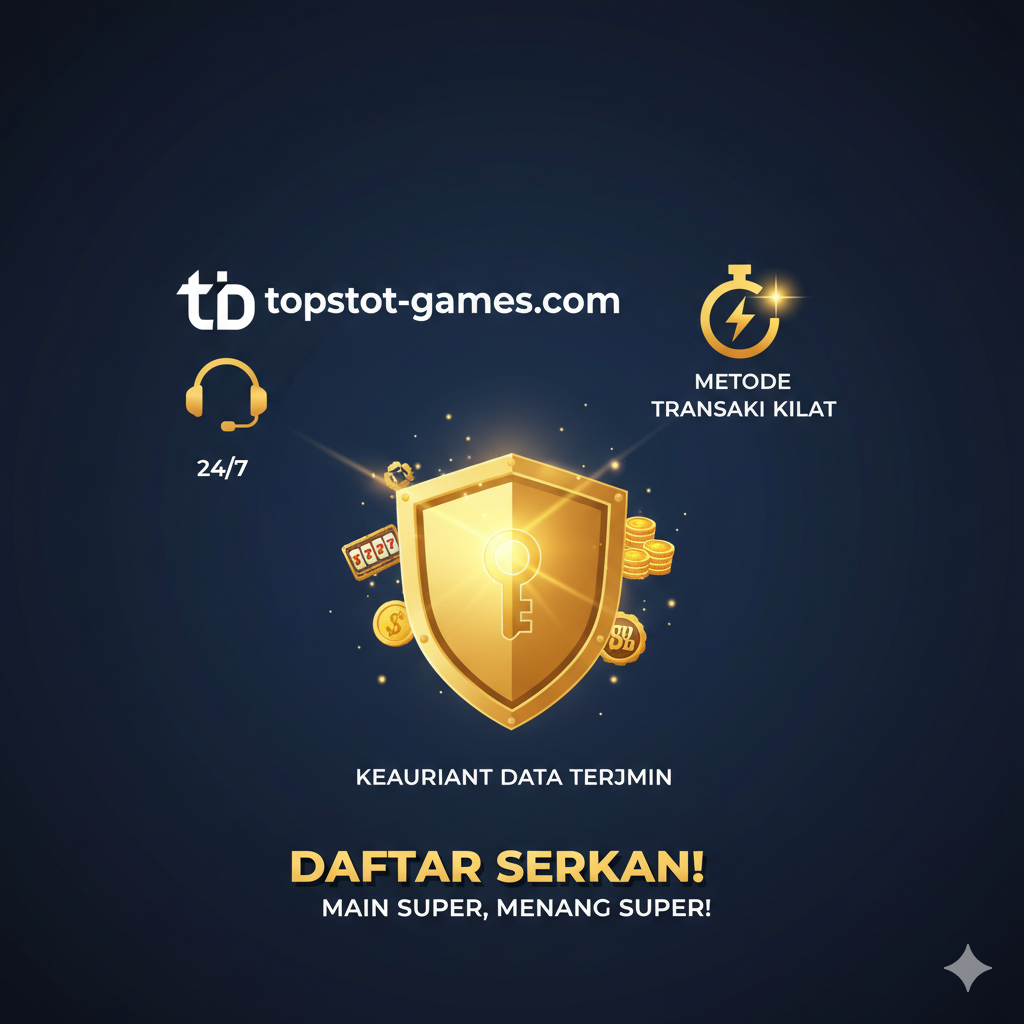 Gambar penutup yang menguatkan kepercayaan dan ajakan bertindak. Gabungkan beberapa elemen kunci: logo topslot-games.com, ikon dukungan pelanggan 24/7 (headset), dan simbol kecepatan (kilat atau stopwatch) untuk 'Metode Transaksi Kilat'. Di tengah, kunci besar atau perisai yang bersinar melambangkan 'Keamanan Data Terjamin'. Gunakan warna biru tua, emas, dan putih untuk memberikan kesan kredibilitas dan profesionalisme. Teks ajakan 'Daftar Sekarang!' atau 'Main Super, Menang Super!' harus menjadi titik fokus akhir gambar.