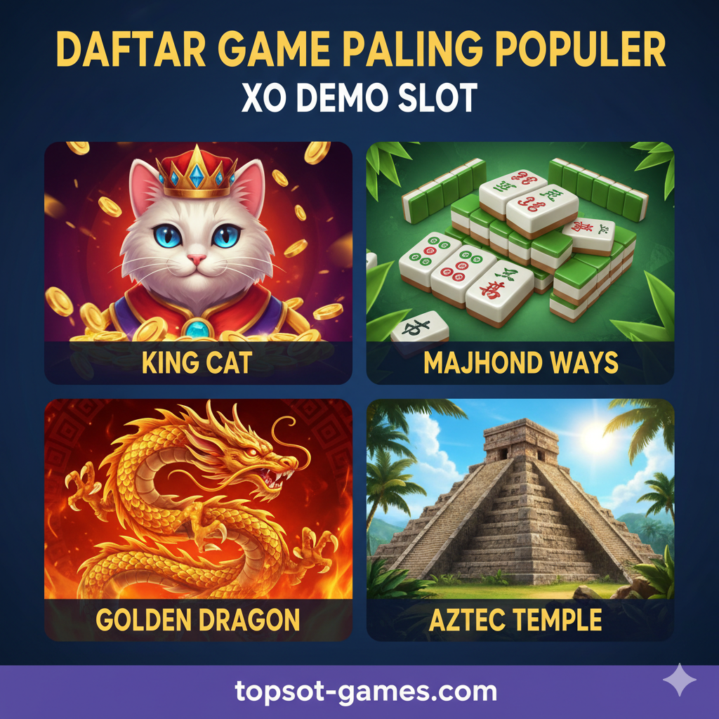 Sebuah gambar fungsional menampilkan beberapa permainan XO Demo Slot populer yang disebutkan dalam artikel. Gambarnya menggunakan kolase atau tata letak grid, menunjukkan empat tangkapan layar kecil atau ikon yang diolah secara artistik, masing-masing mewakili 'King Cat' (seekor kucing bermahkota), 'Mahjong Ways' (ubin mahjong klasik), 'Golden Dragon' (pola naga emas), dan 'Aztec Temple' (piramida Aztek kuno). Menggunakan warna-warna cerah dan saturasi tinggi untuk menarik perhatian, dengan nama permainan yang ringkas di bawah setiap gambar kecil, menonjolkan konsep koleksi 'Daftar Game Paling Populer'.